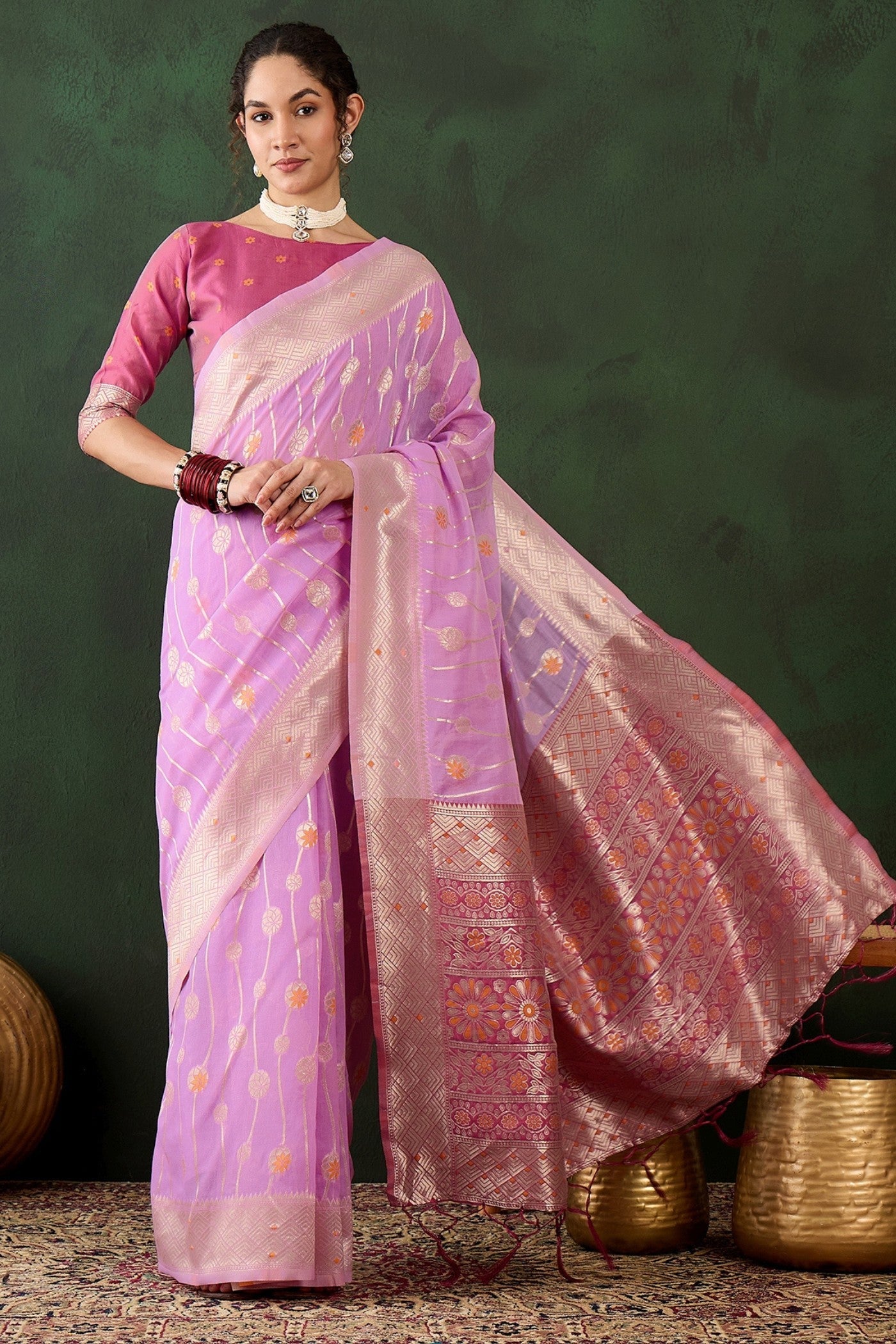 Baby Pink Woven Cotton Saree