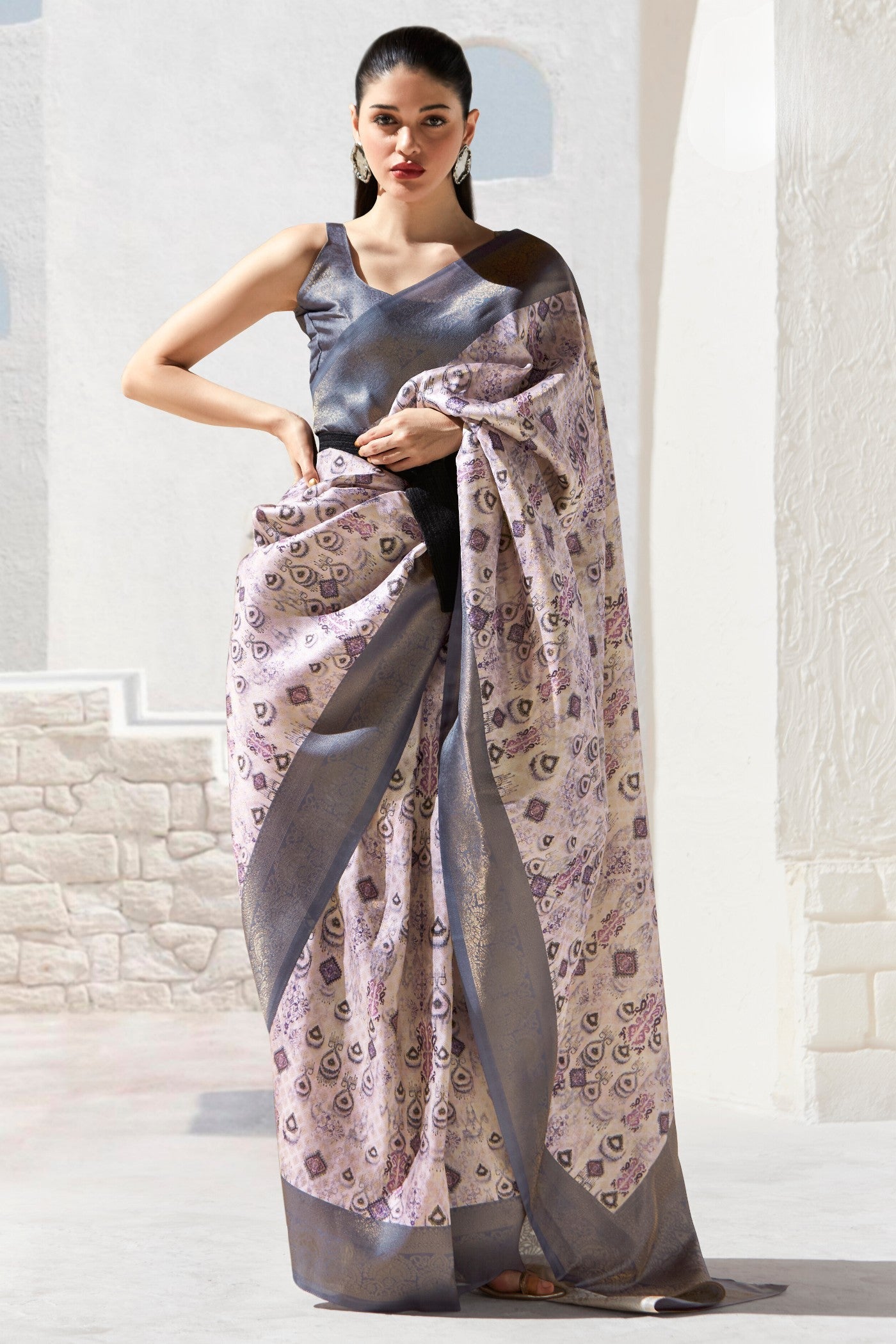 Hemp Cream and Grey Banarasi Digital Printed Saree