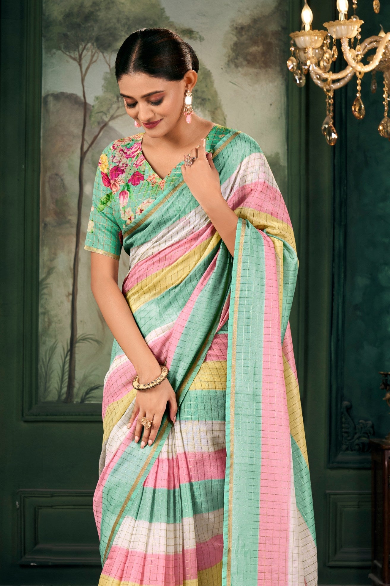 Shadow Green Chanderi Linen Saree