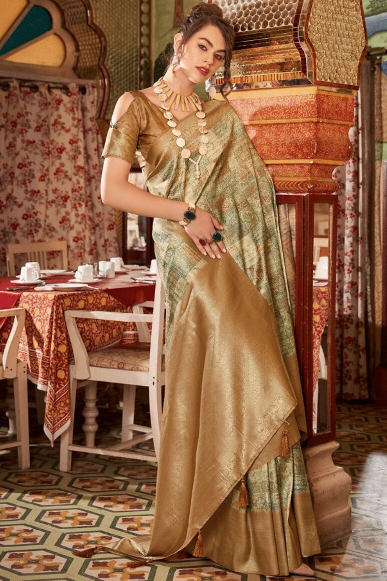 Tan Brown Banarasi Digital Printed Saree