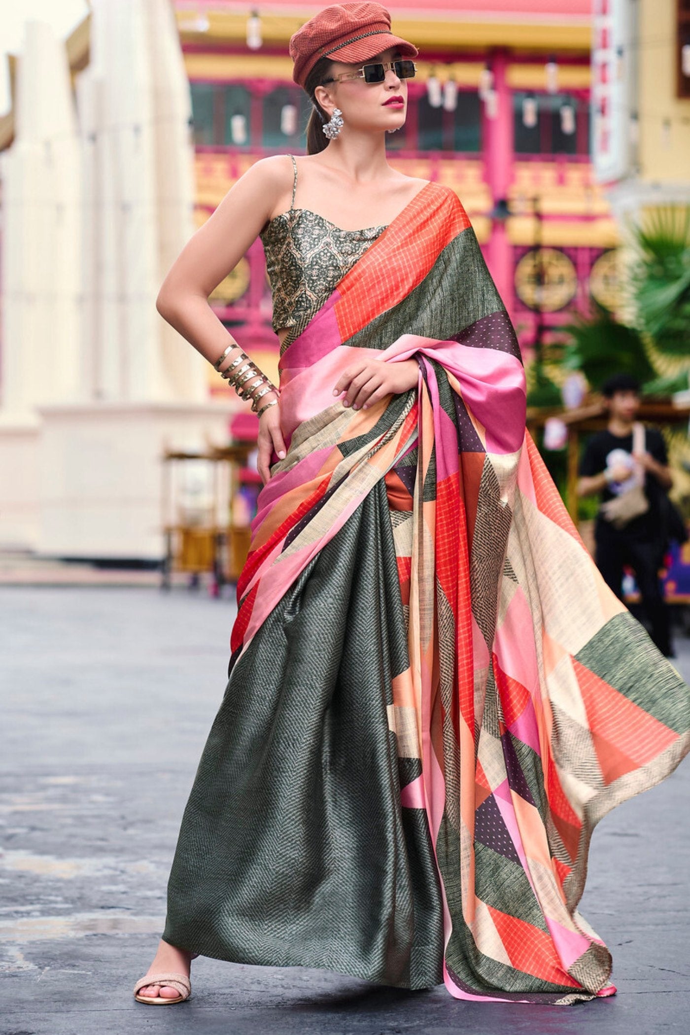 Green Multicolor Printed Satin Crepe Silk Saree