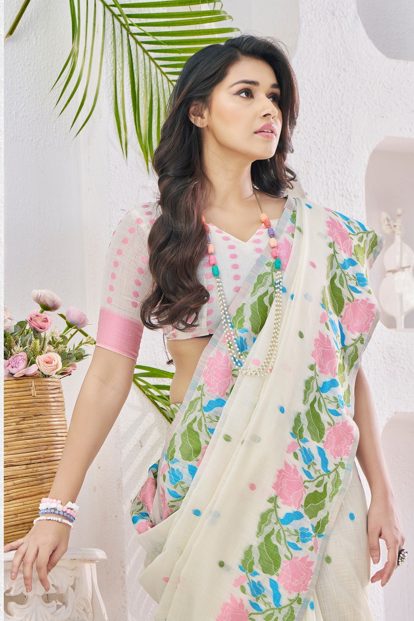 Sisal White Printed Linen Saree