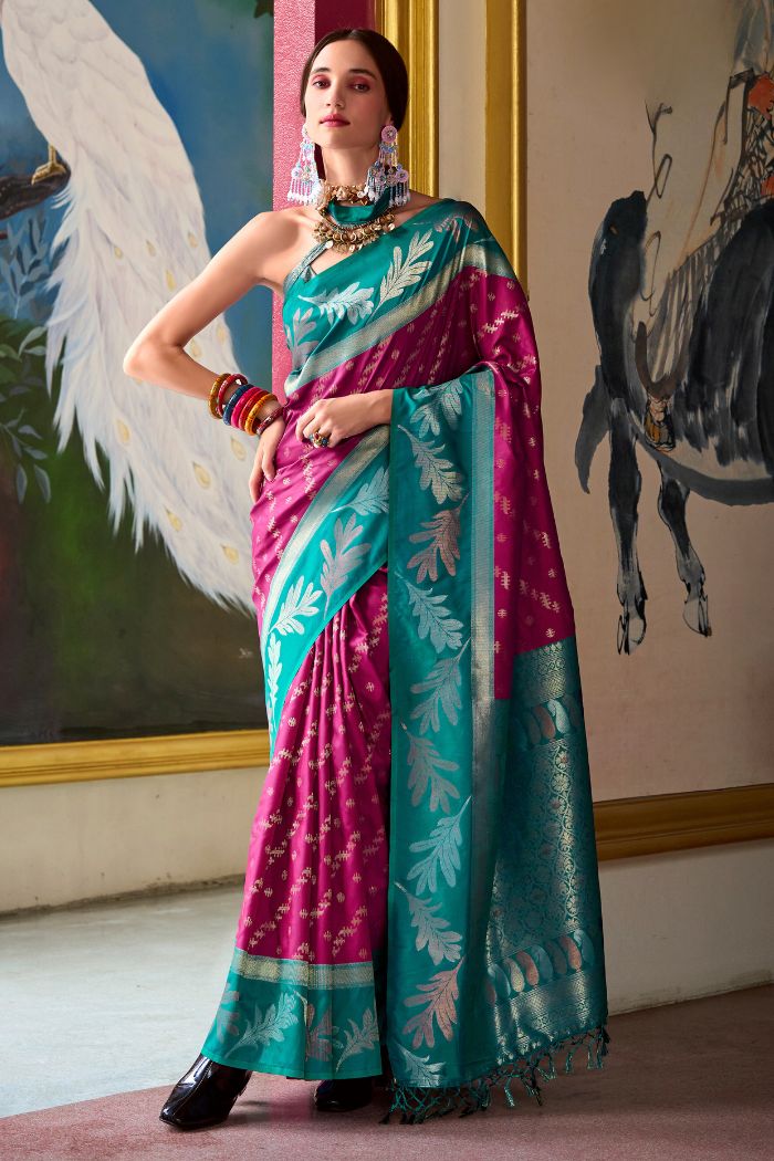 Rose Bud Cherry Purple and Green Banarasi Soft Silk Saree