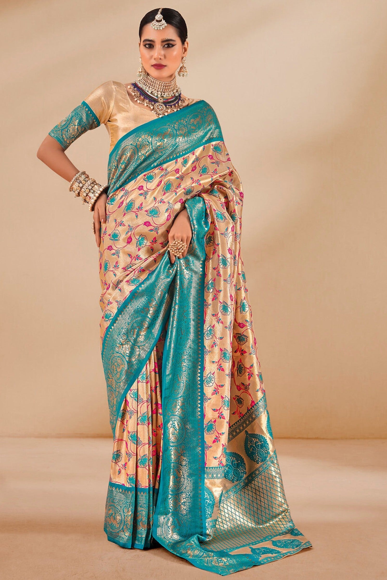 Sandy Beach Cream and Blue Zari Woven Banarasi Saree