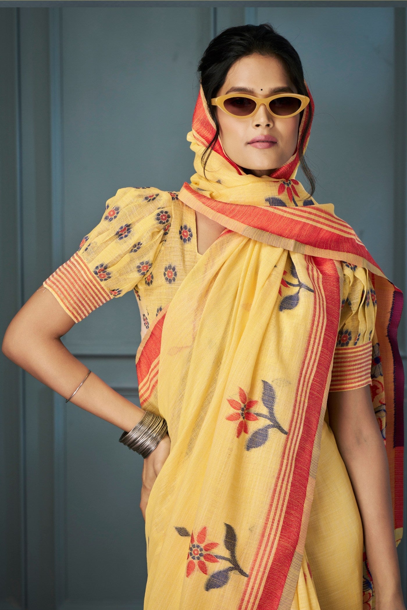 Sunset Pearl Yellow Handloom Linen Saree