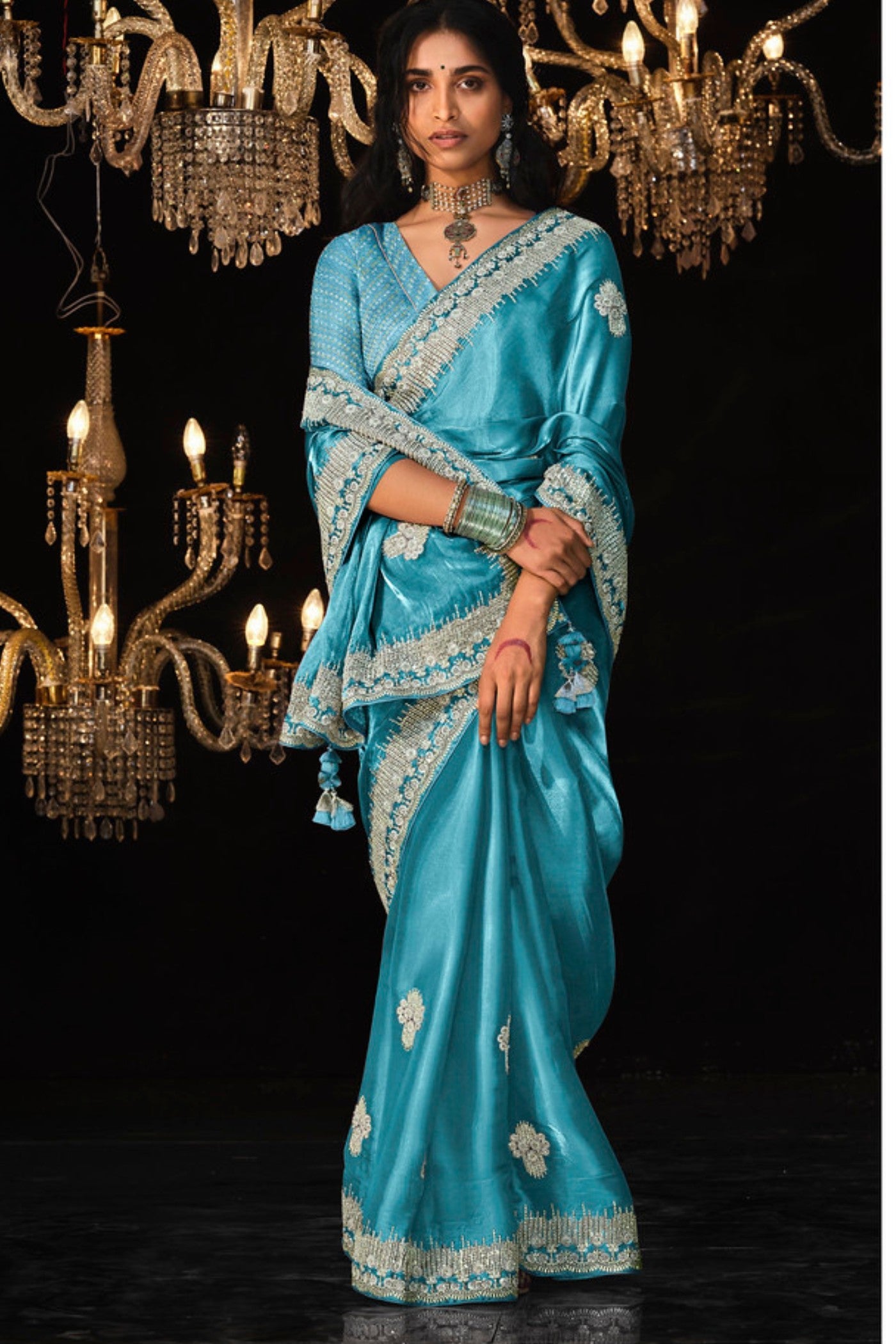 Pacific Blue Tissue Embroidered Designer Saree