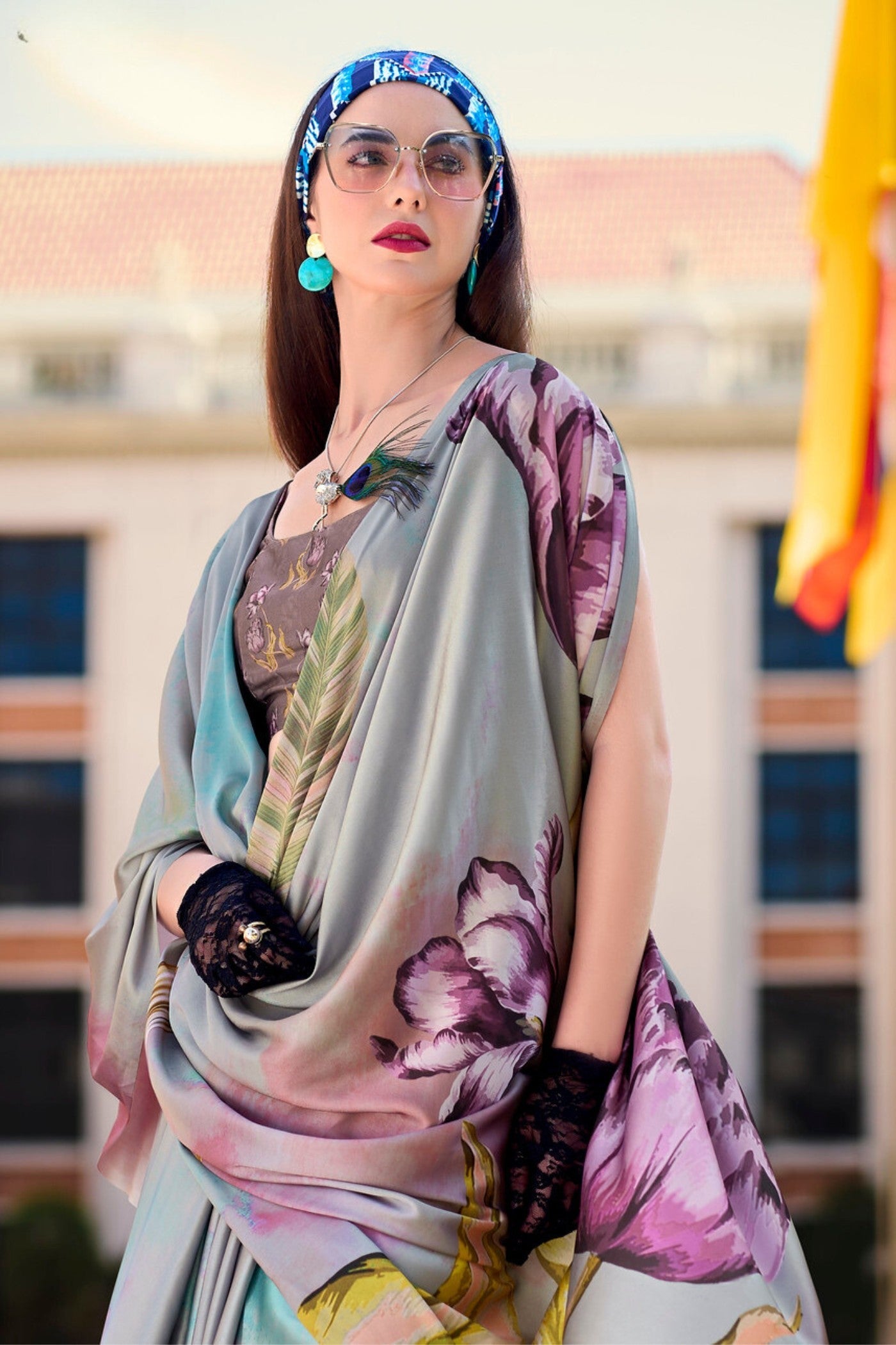 Dusty Grey Printed Satin Crepe Silk Saree