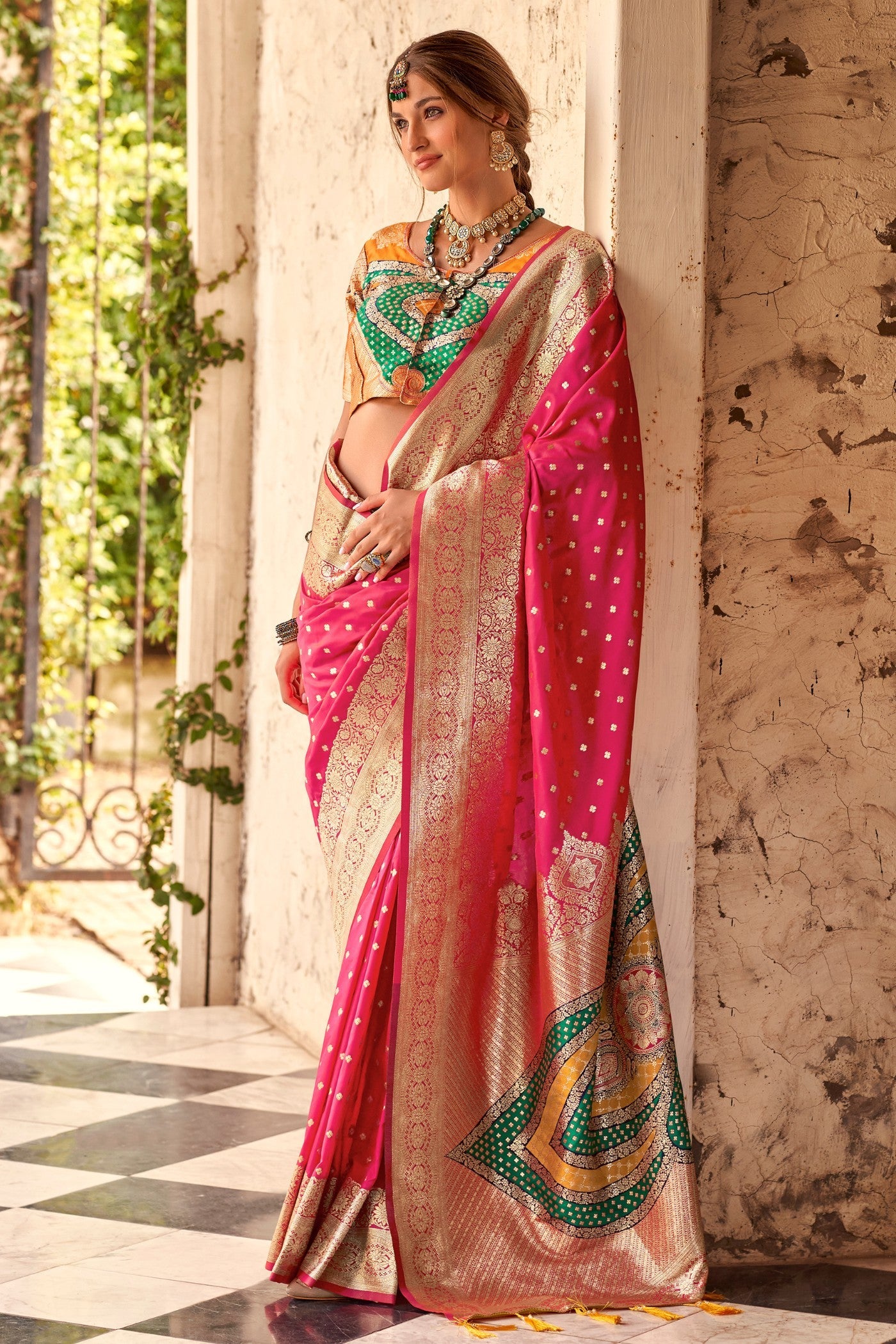 Jazberry Pink Woven Banarasi Soft Silk Saree