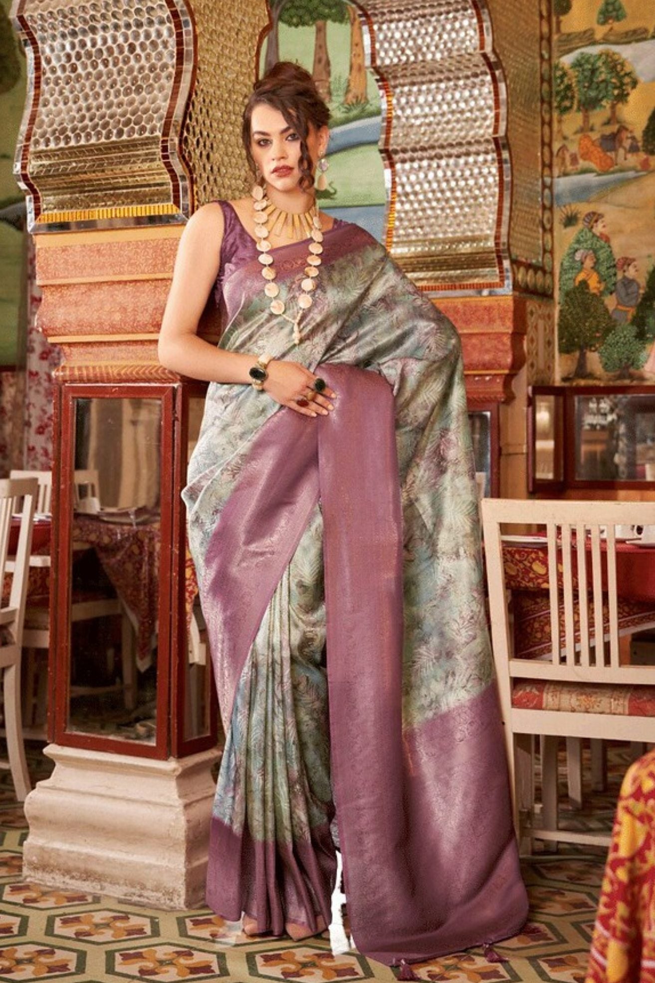 Cement Grey Banarasi Digital Printed Saree