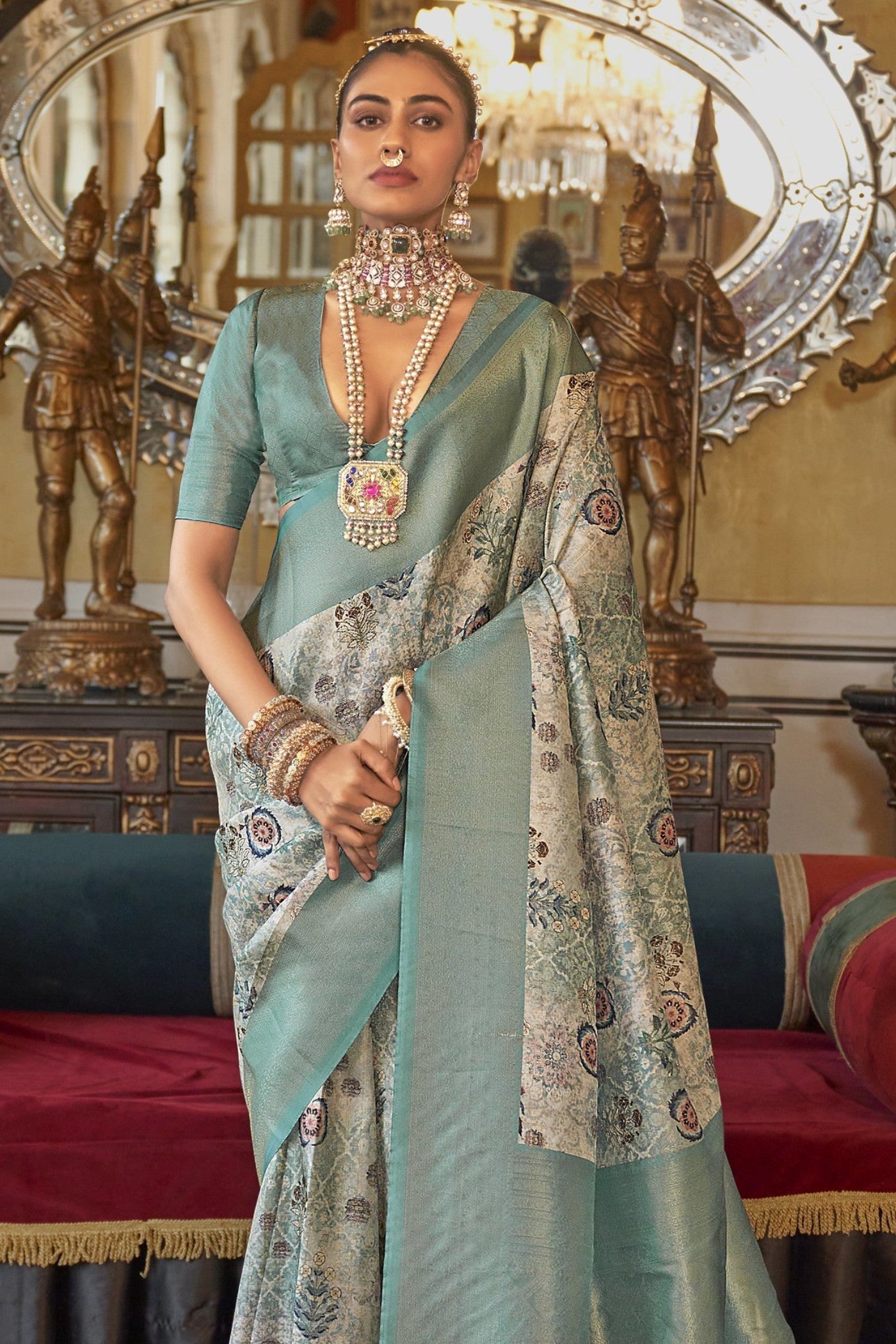 Bitter Green Tussar Banarasi Digital Printed Saree