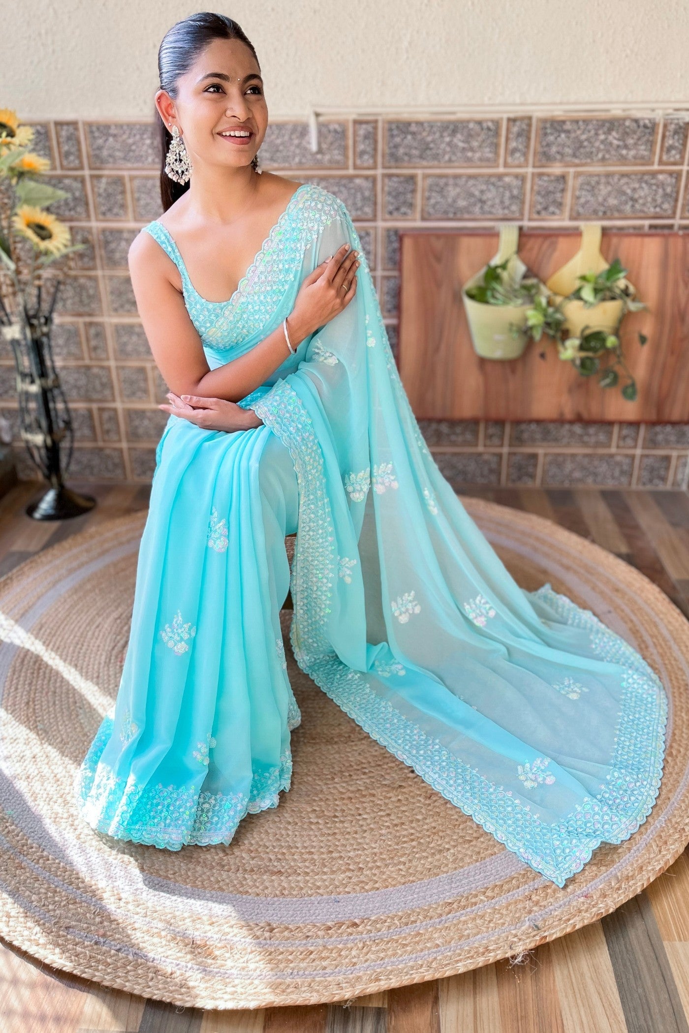 Delphinium Blue Embroidery Georgette saree