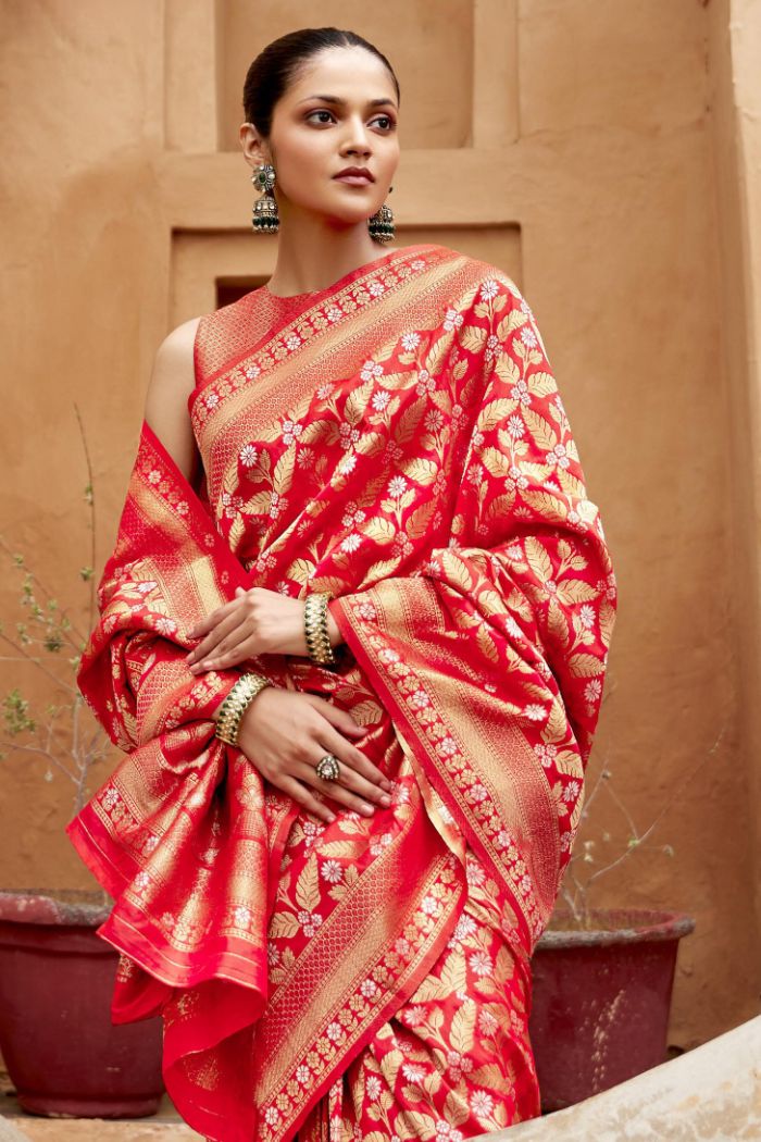 Rose Red Woven Banarasi Saree