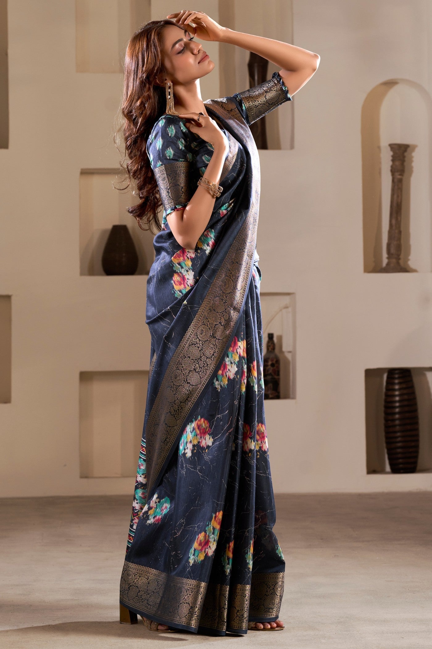 Nevada Blue Printed Soft Dola Silk Saree