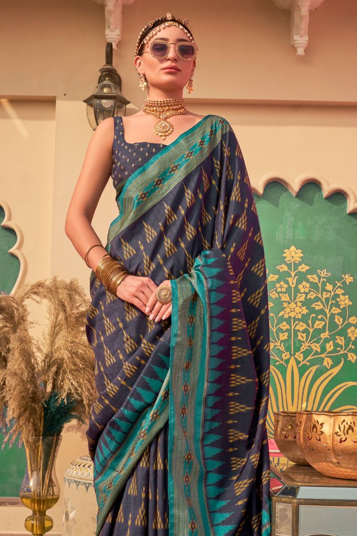 Berry Blue Printed Banarasi Soft Silk Saree