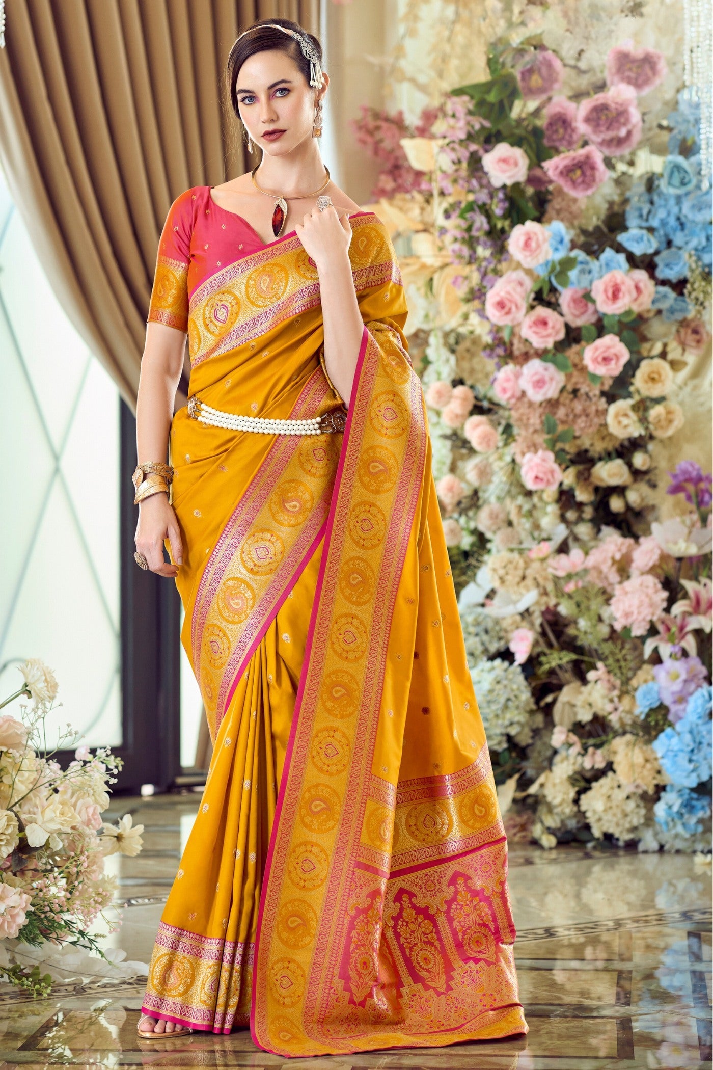 Fire Bush Yellow Woven Banarasi Soft Silk Saree