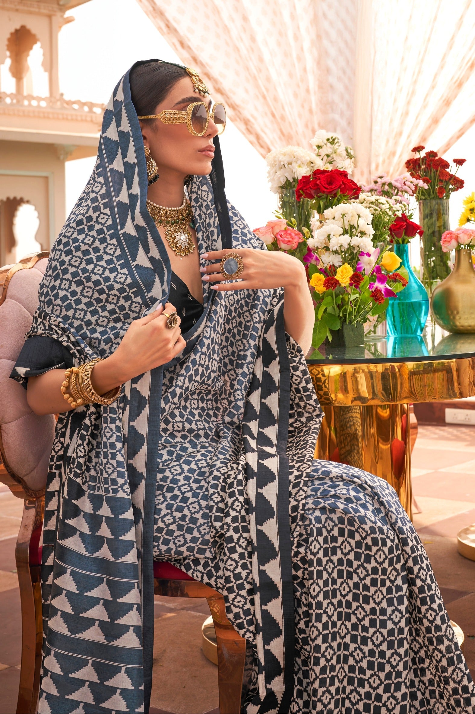 Marble Blue and Black Printed Patola Saree