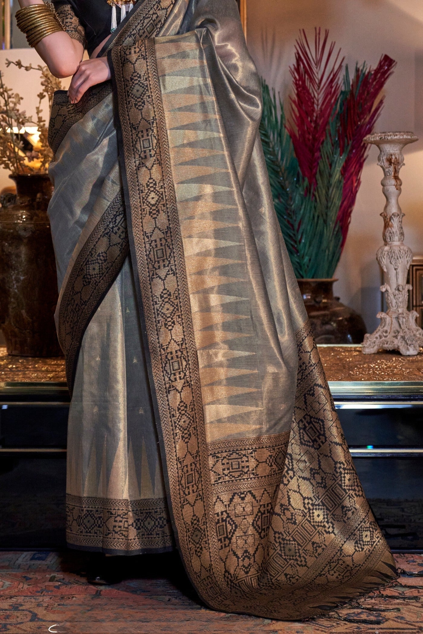 Smokey Grey Woven Tissue Silk Saree