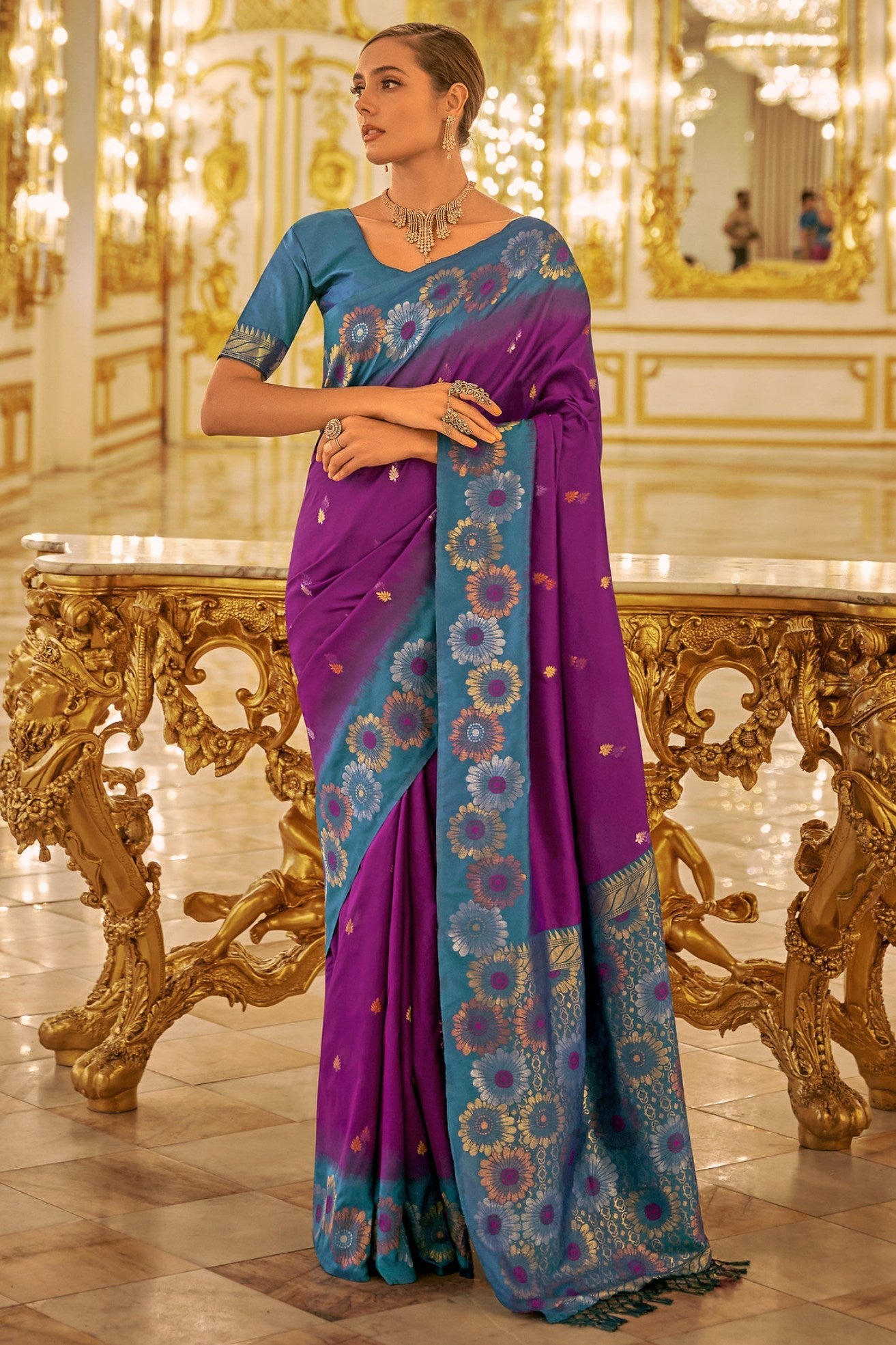 Plum Purple and Blue Woven Banarasi Saree