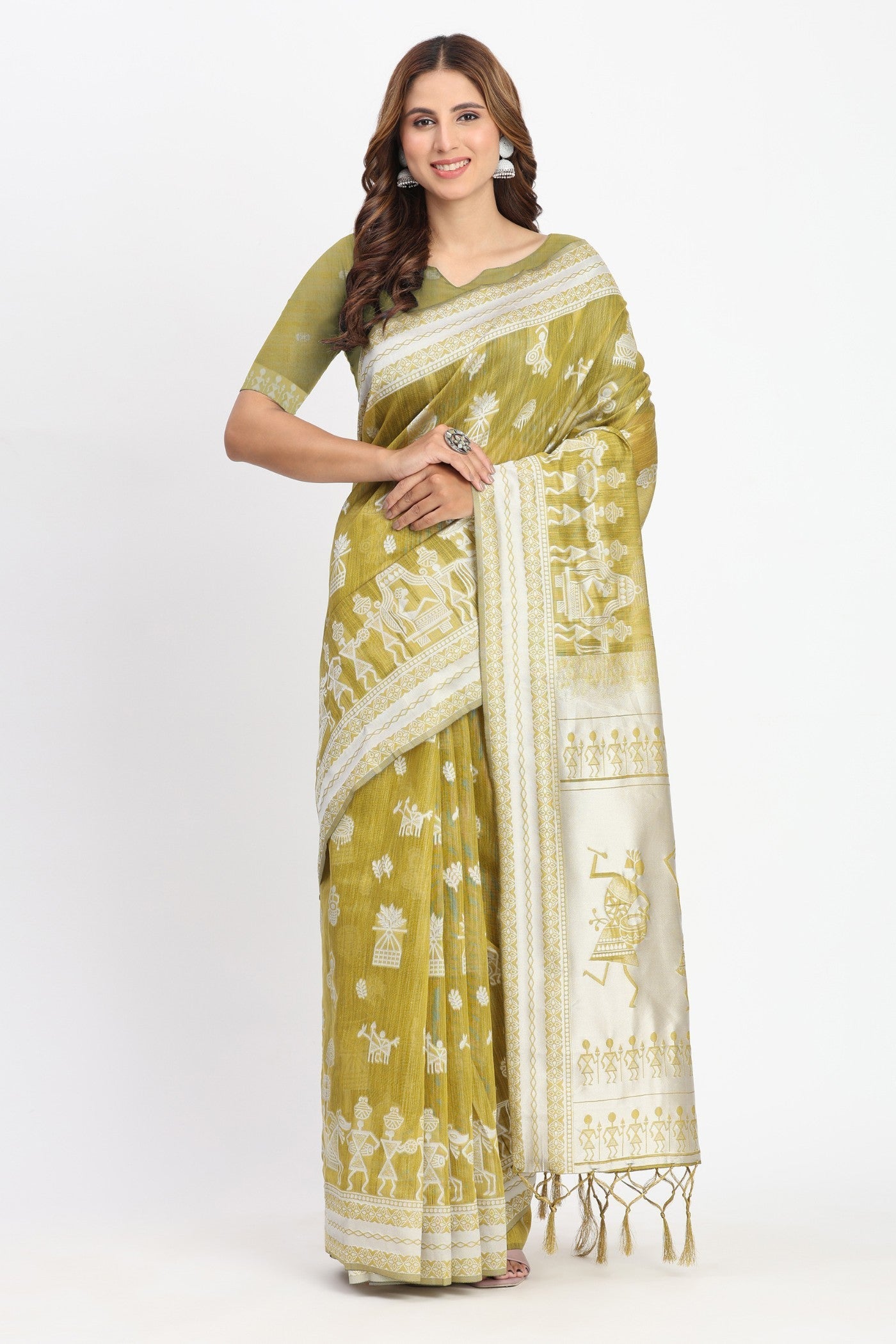 Green Lizard Woven Linen Cotton Saree