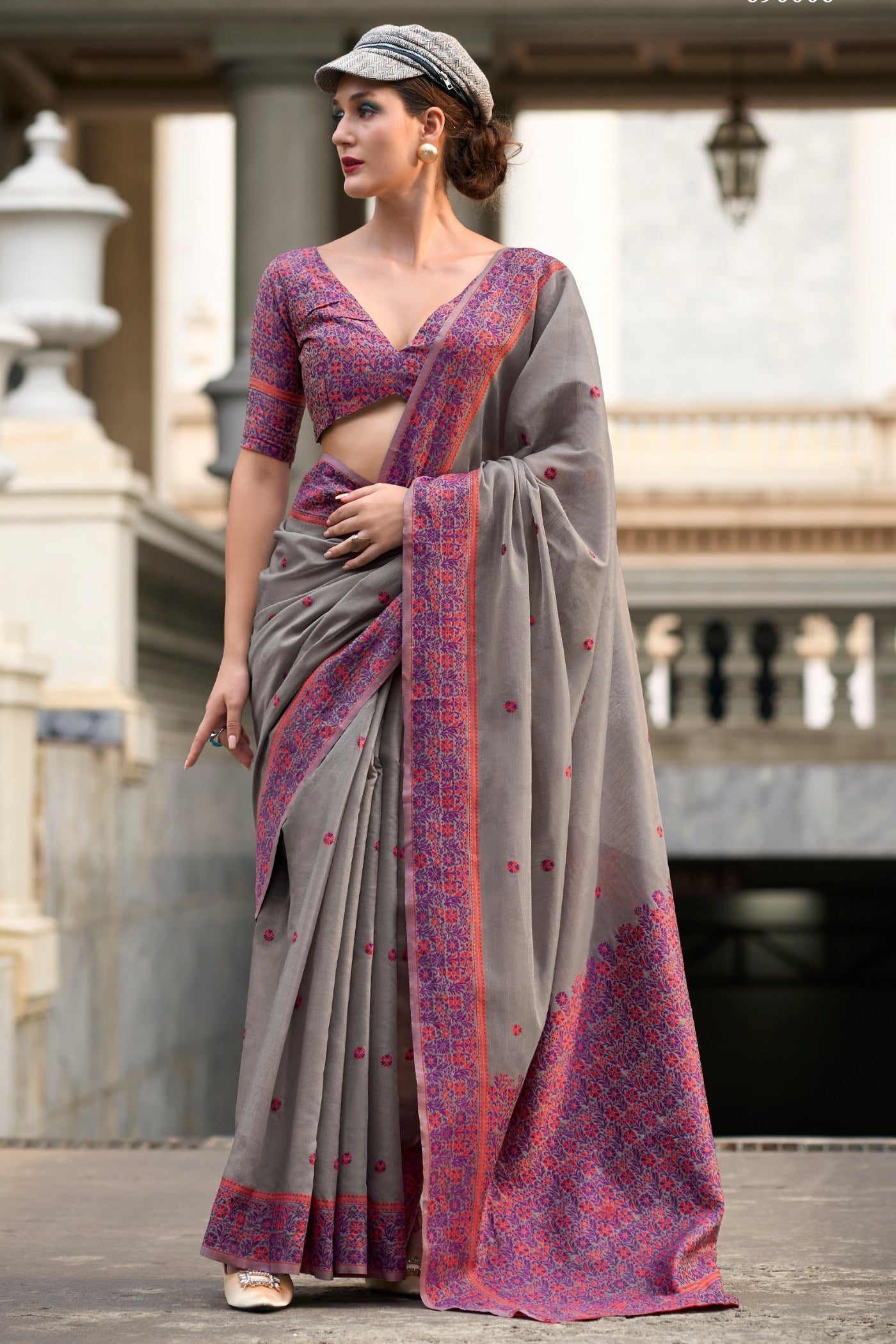 Smokey Grey Handloom Linen Cotton Saree