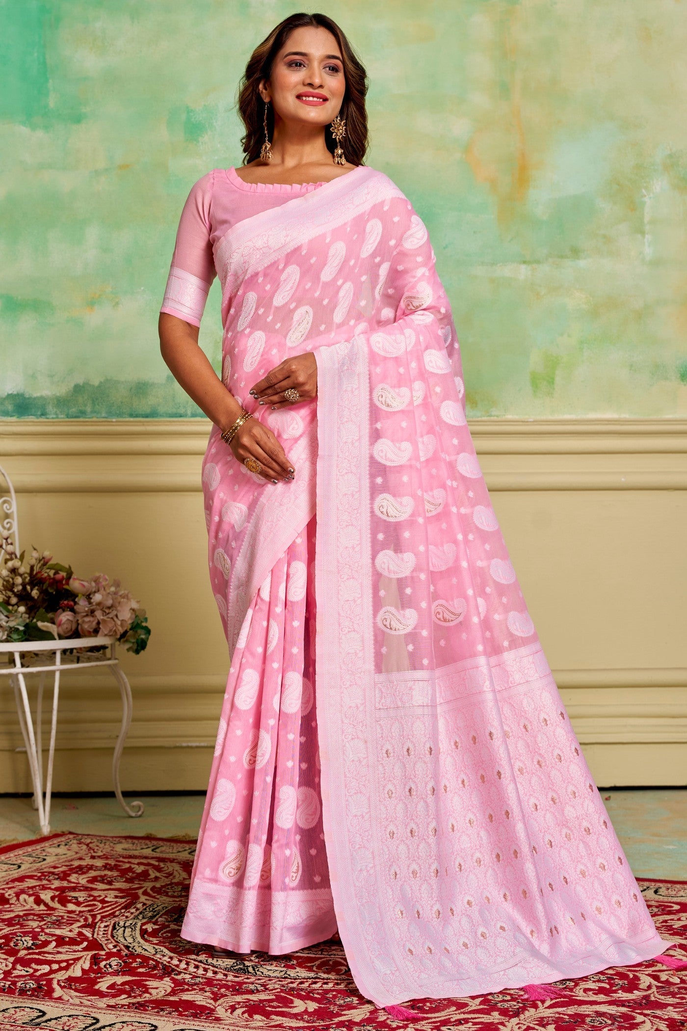 Carnation Pink Woven Cotton Saree