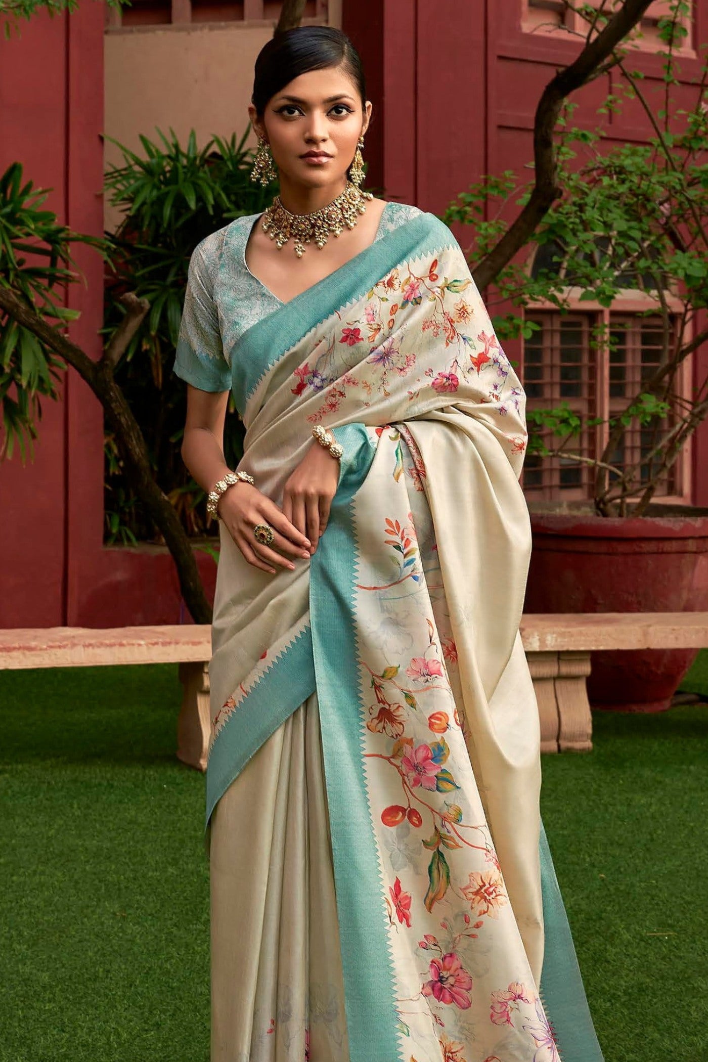 Albescent White and Blue Digital Printed Banarasi Saree