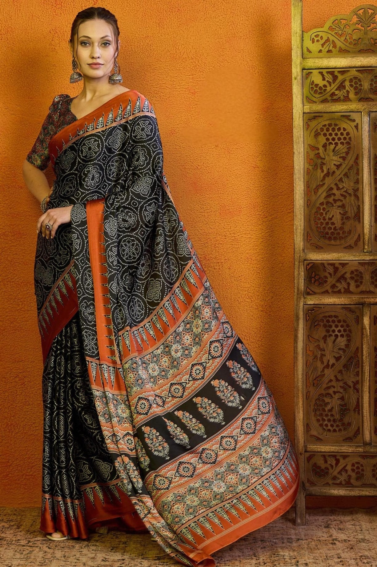 Code Black Printed Ajrakh Satin Crepe Saree