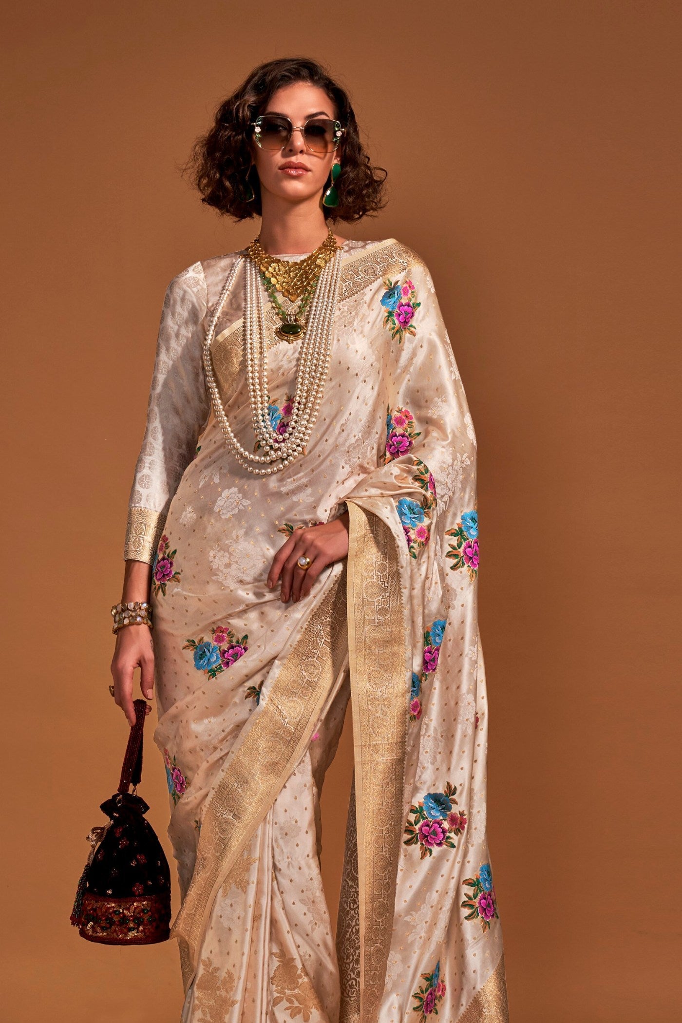 Grain Cream Handloom Satin Silk Saree