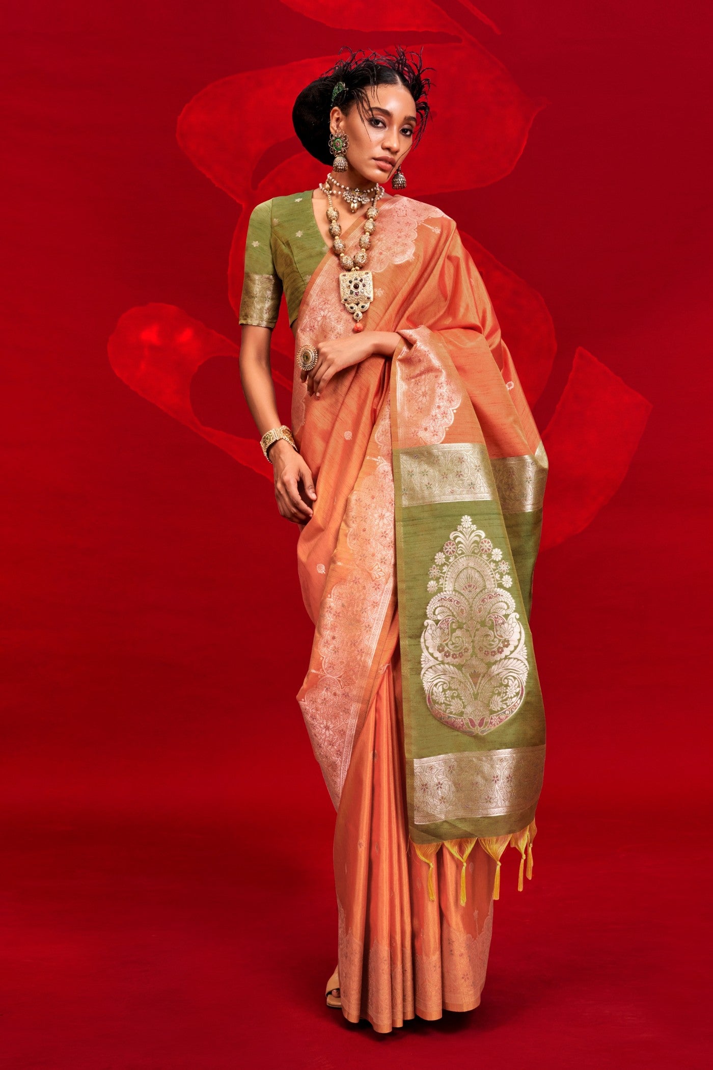 Apricot Orange Tussar Handloom Silk Saree