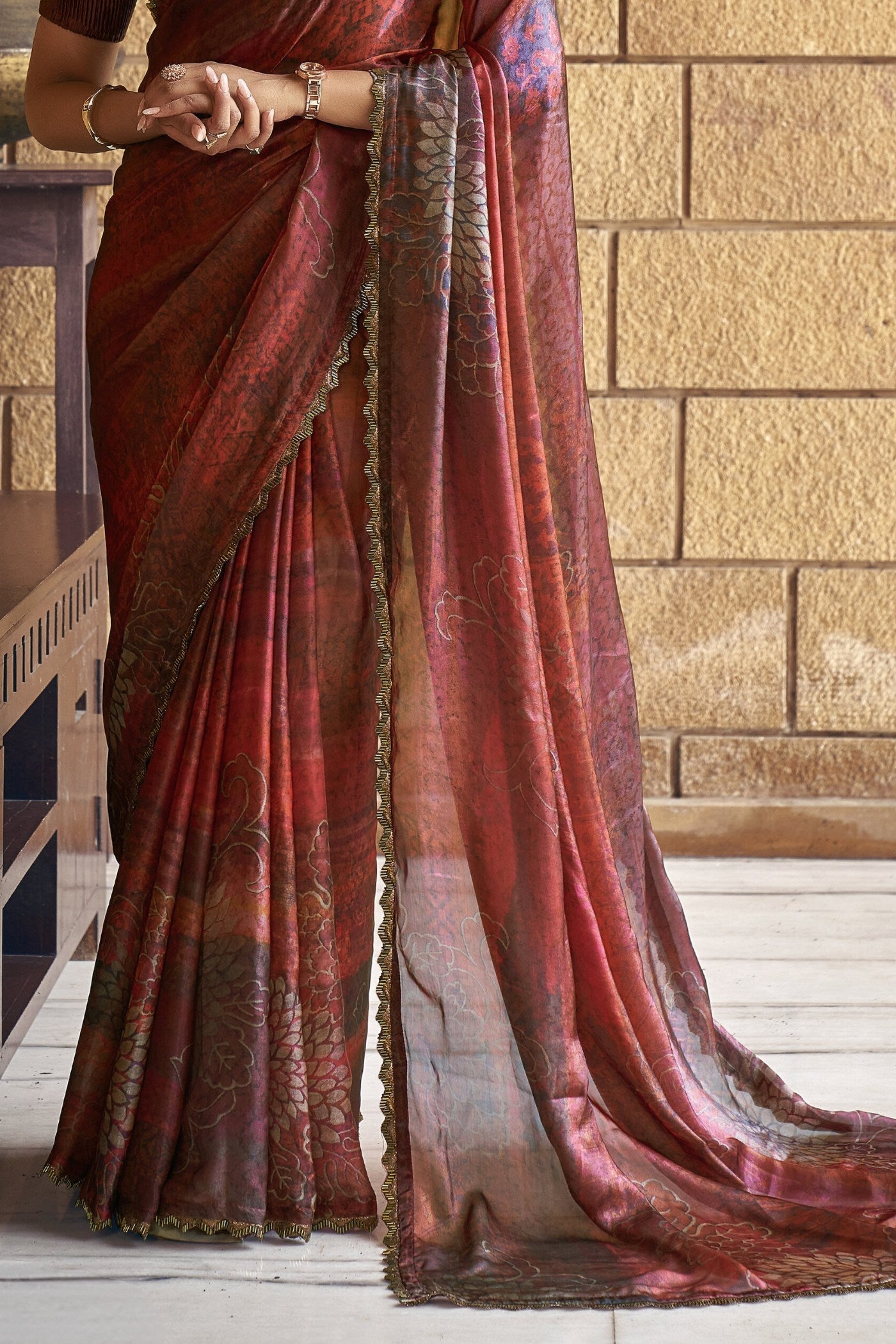 Ironstone Brown Satin Printed Silk Saree