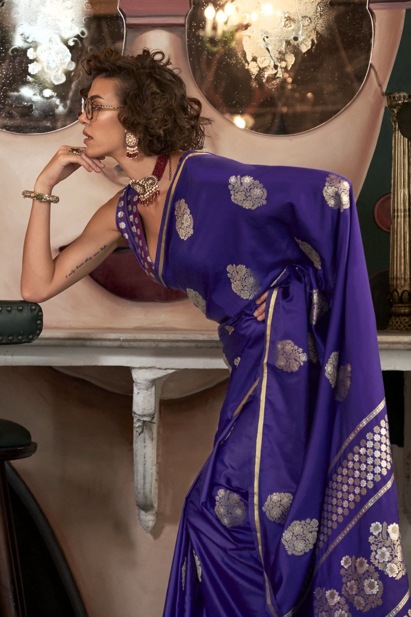 Port Gore Purple Banarasi Handloom Satin Saree