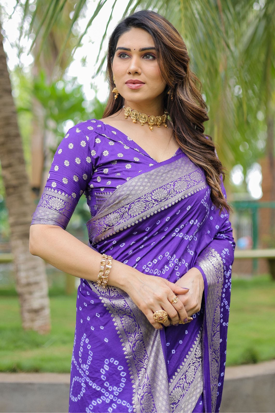 Plump Purple Woven Bandhani Dola Silk Saree