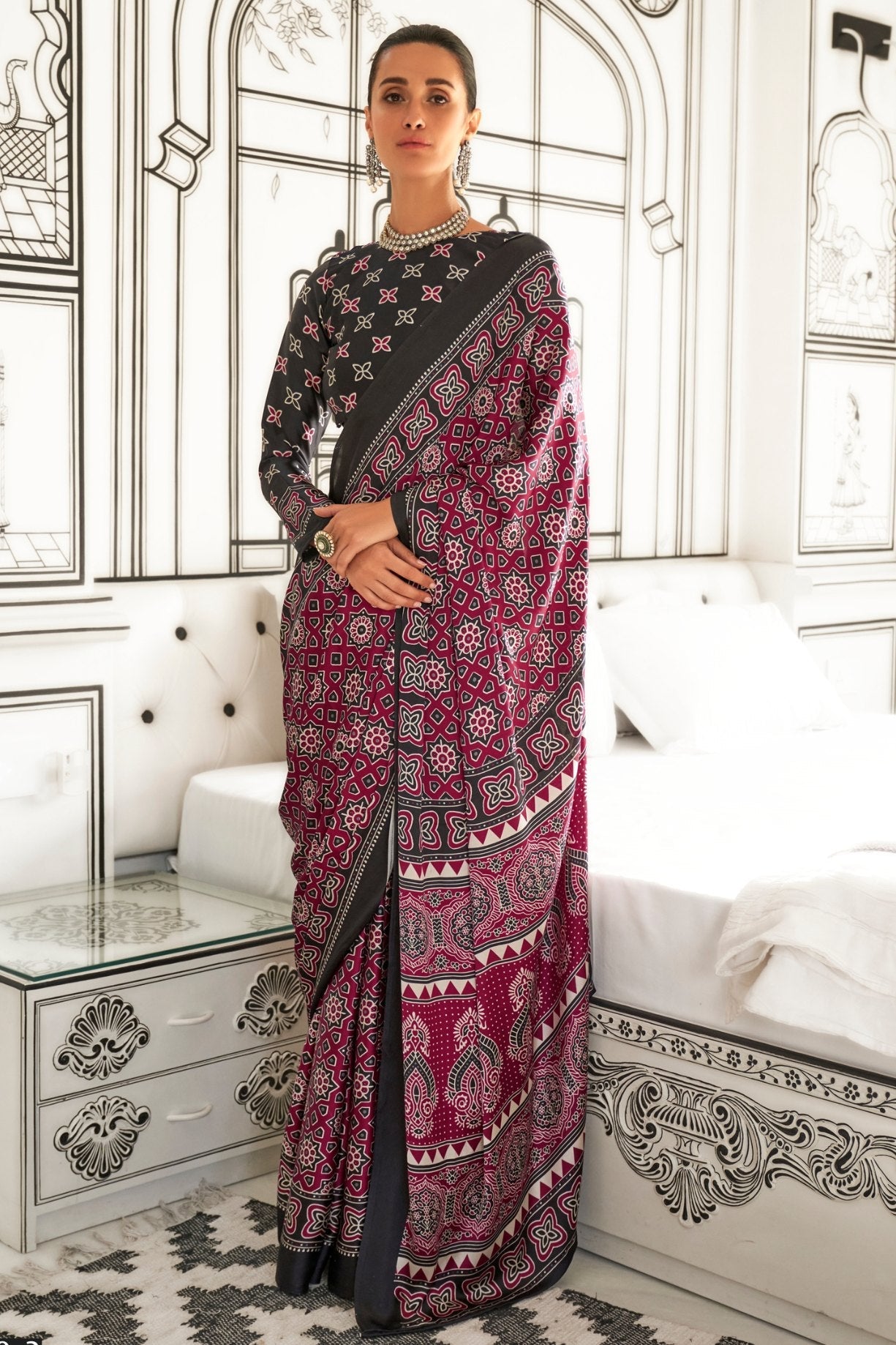 Tawny Port  Maroon Printed Ajrakh Satin Crepe Saree