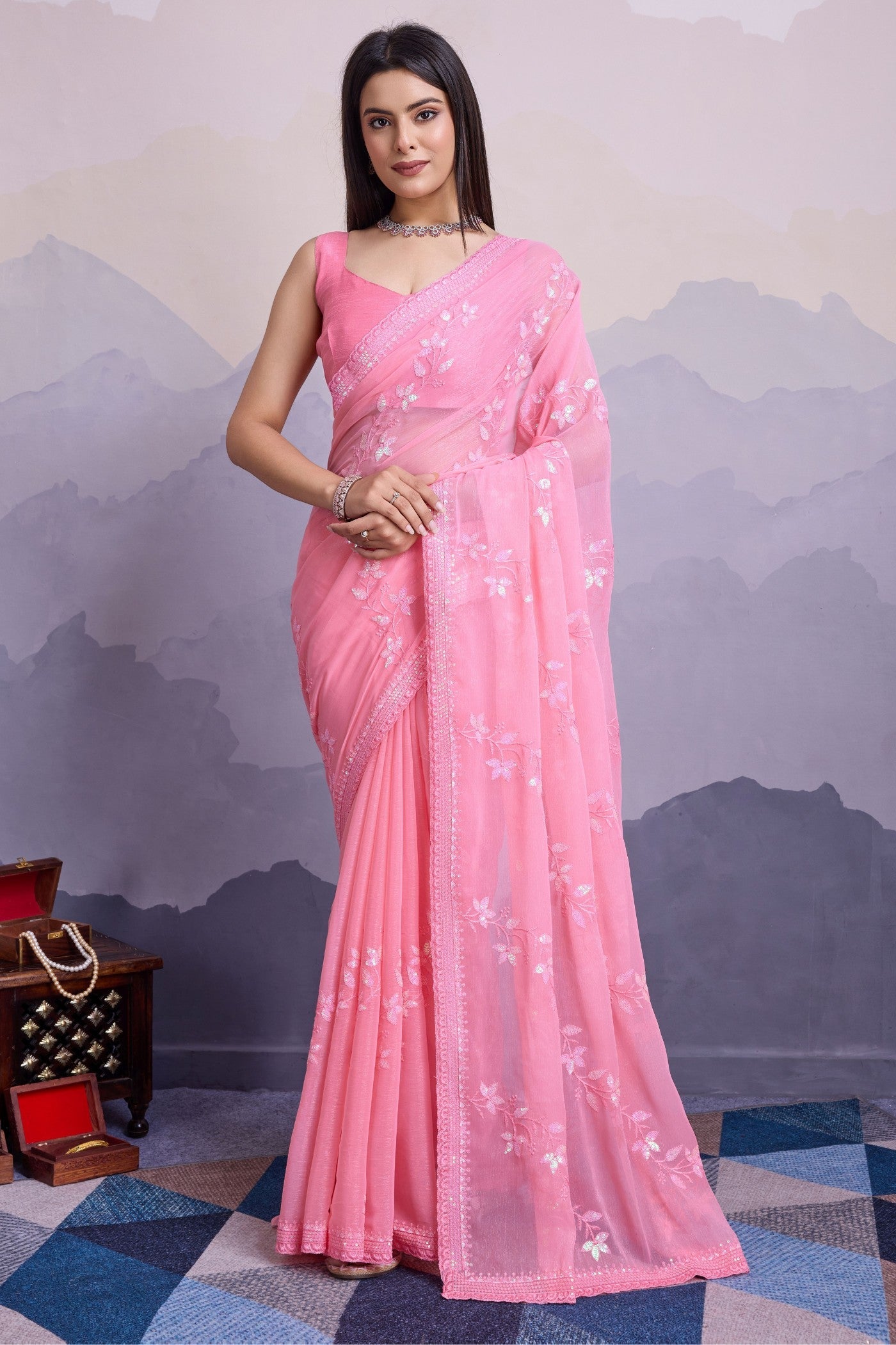 Creamy Pink Embroidered Designer Chiffon Saree