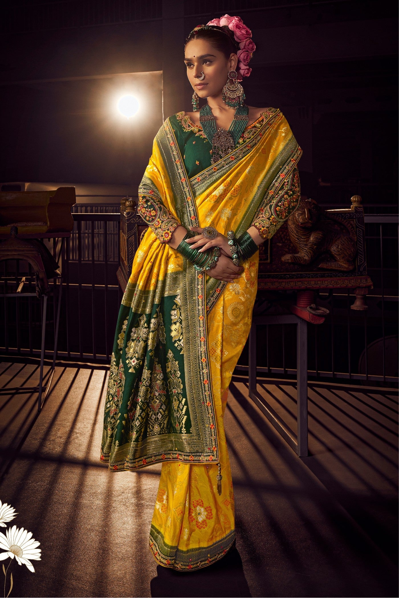 Pizza Yellow Designer Banarasi Dola Silk Saree