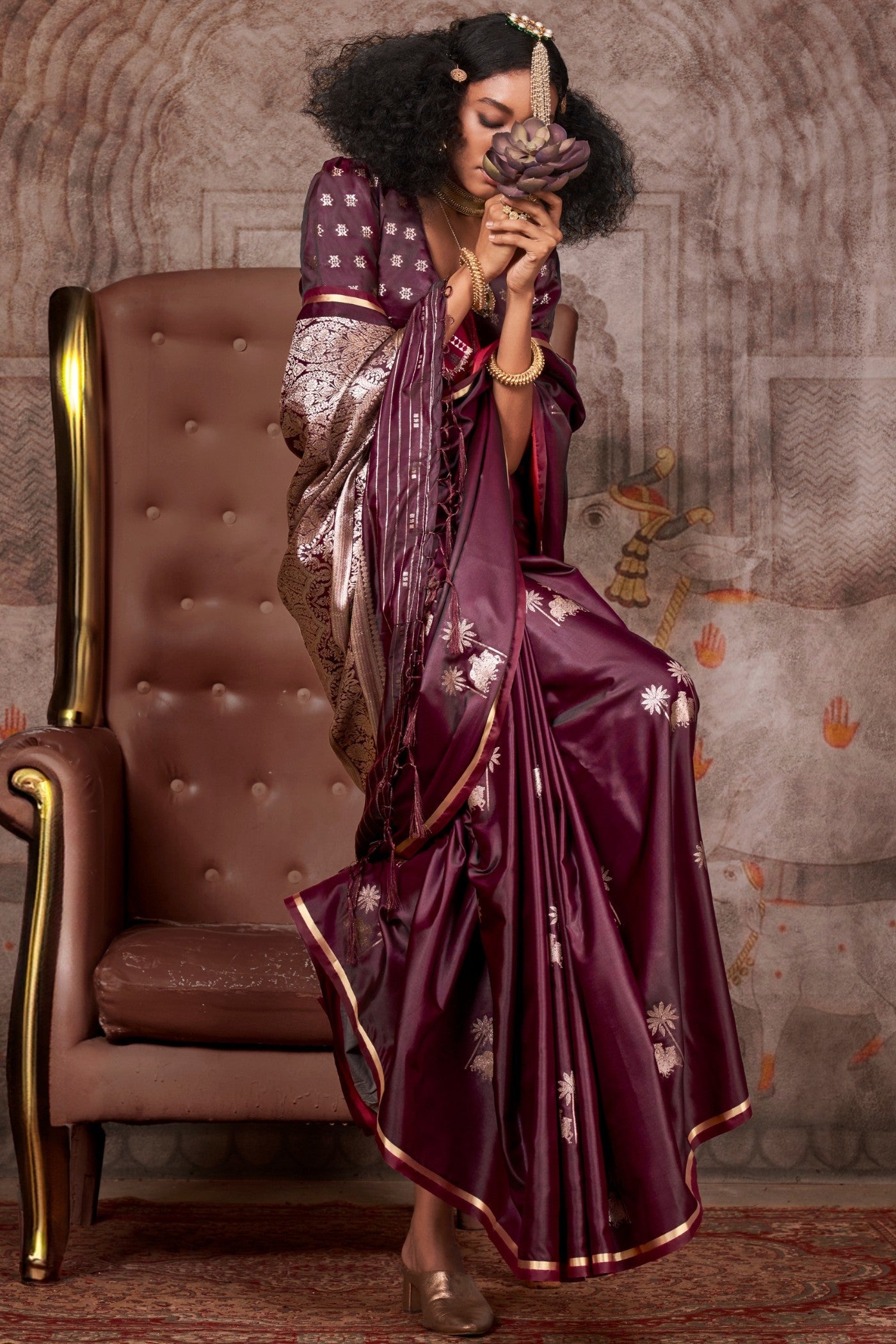 Dark Coco Brown Banarasi Pichwai Satin Saree