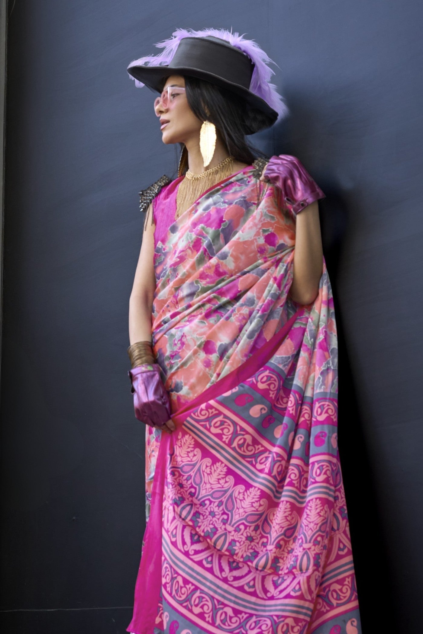 Punch Pink Printed Satin Crepe Silk Saree