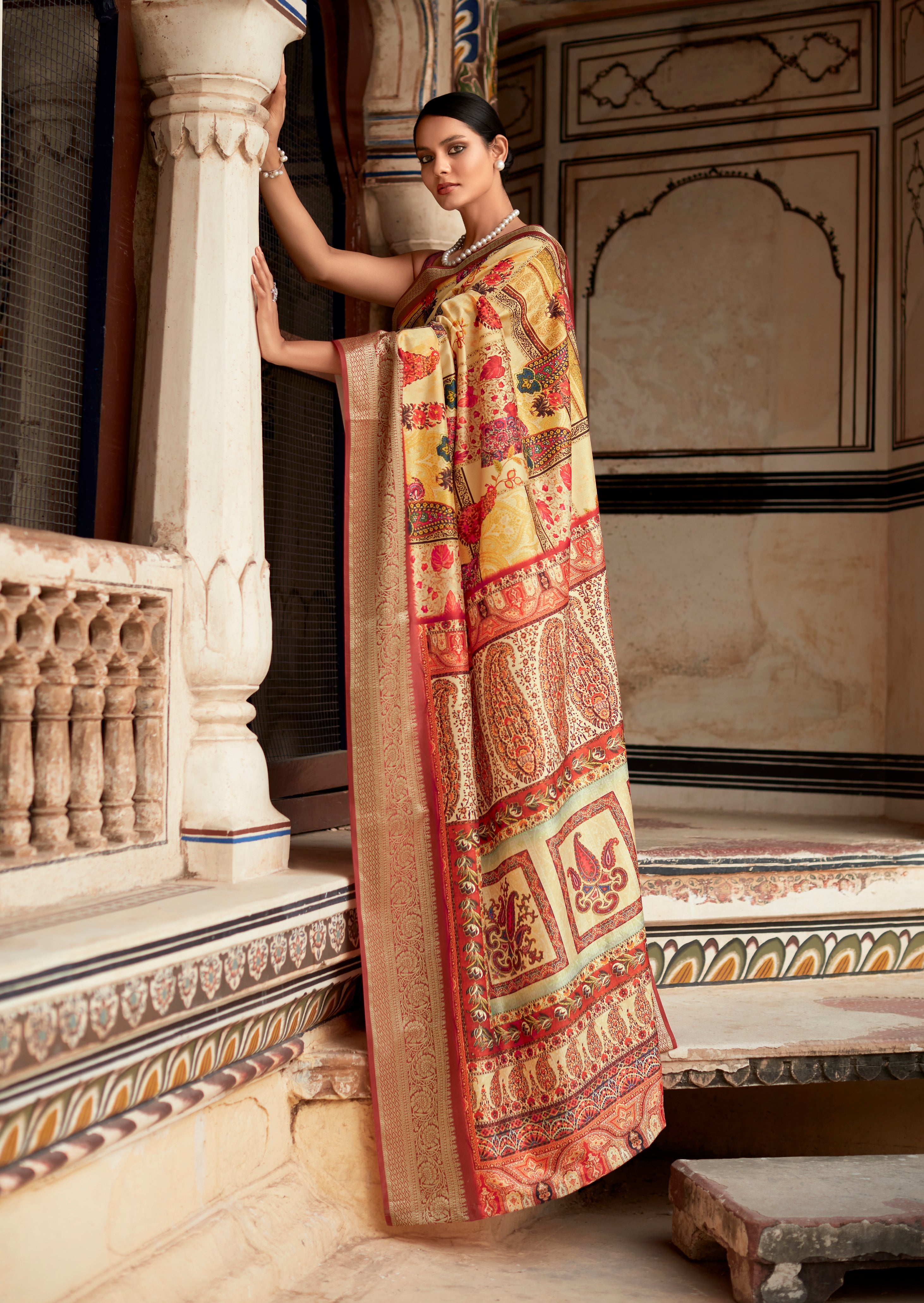 Flesh Yellow Banarasi Printed Silk Saree