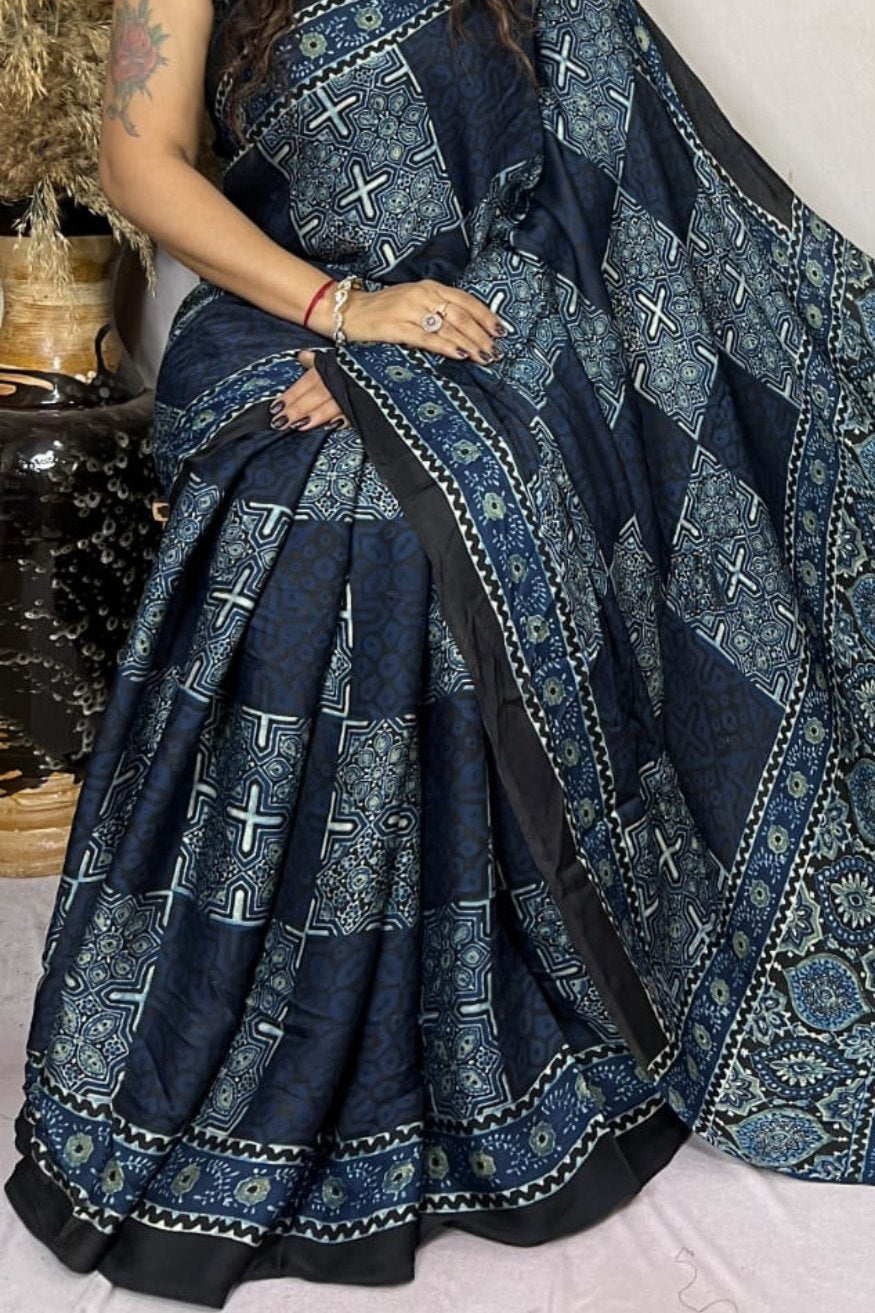 Ebony Clay Blue Ajrakh Modal Handblock Printed Silk Saree