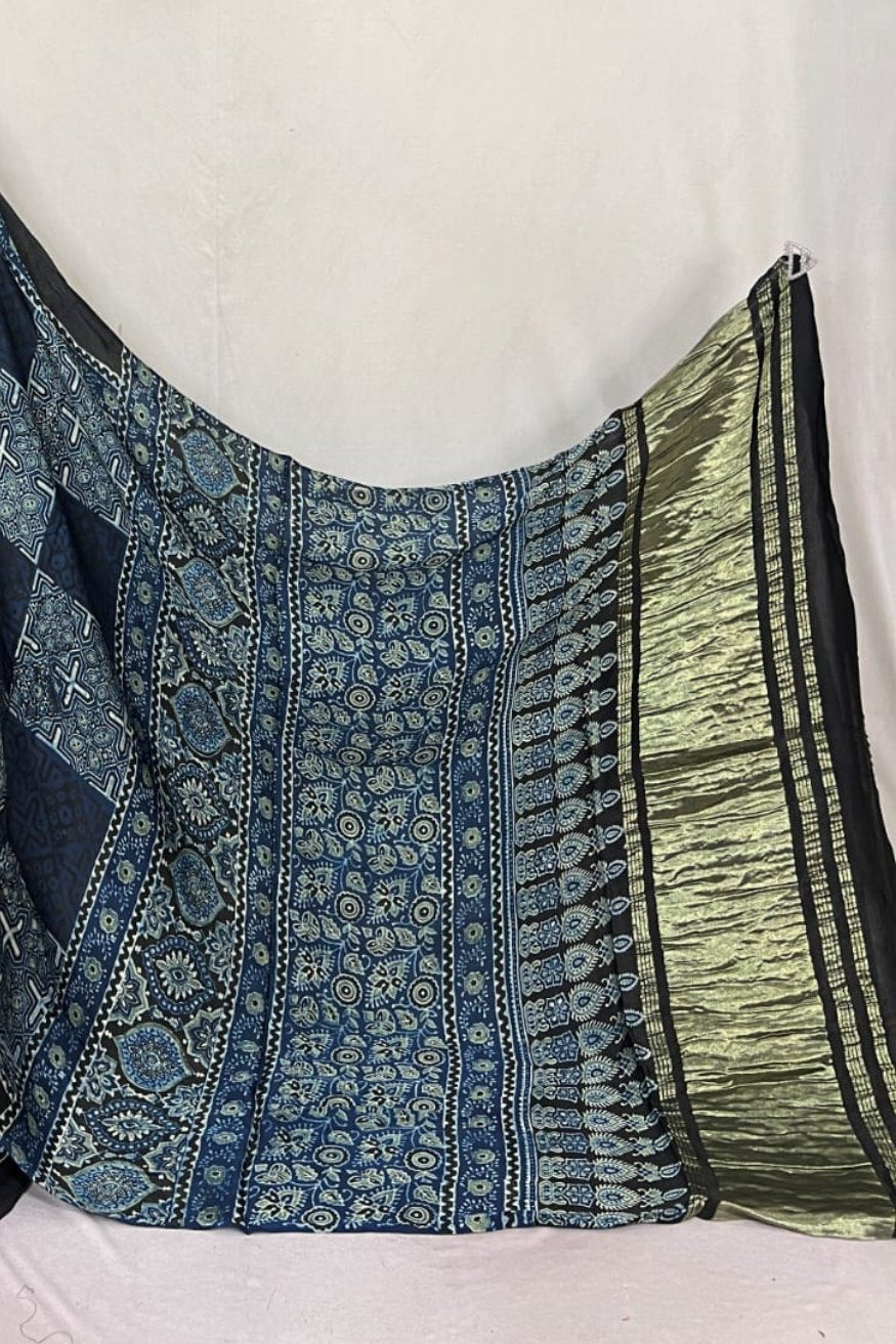 Ebony Clay Blue Ajrakh Modal Handblock Printed Silk Saree