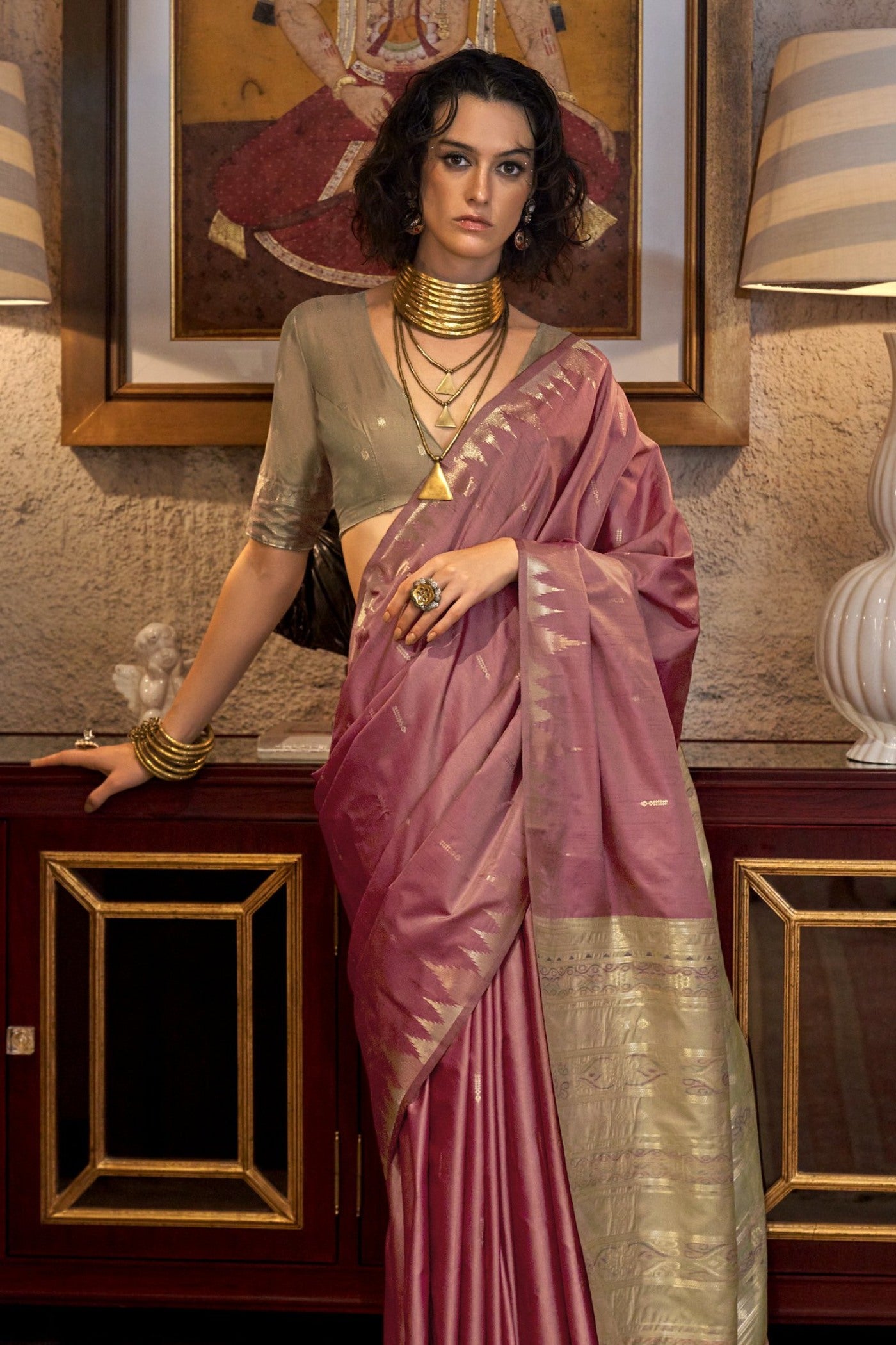 Spanish Rose Pink Woven Linen Saree