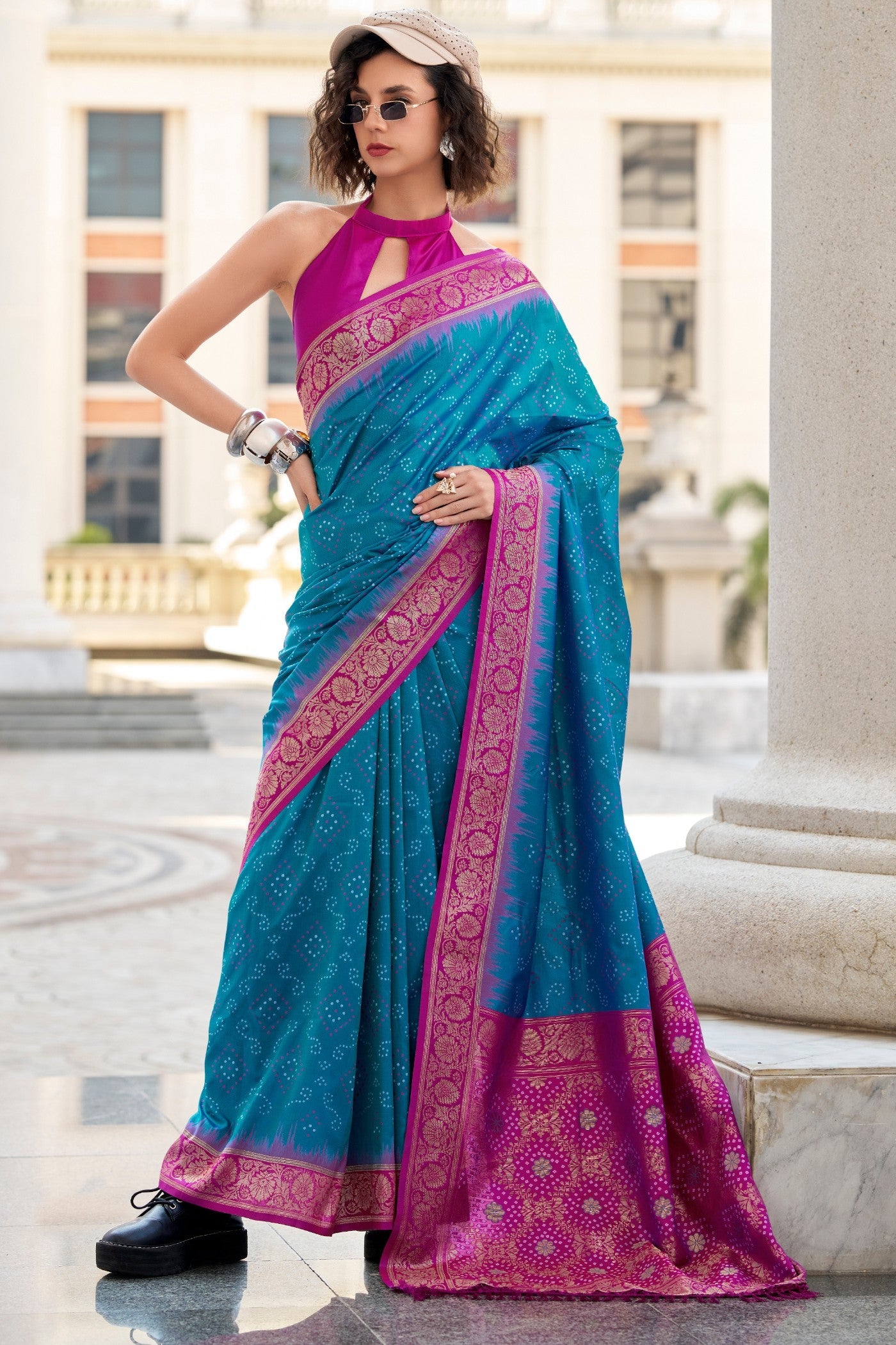 Chathams Blue Woven Banarasi Bandhani Soft Silk Saree