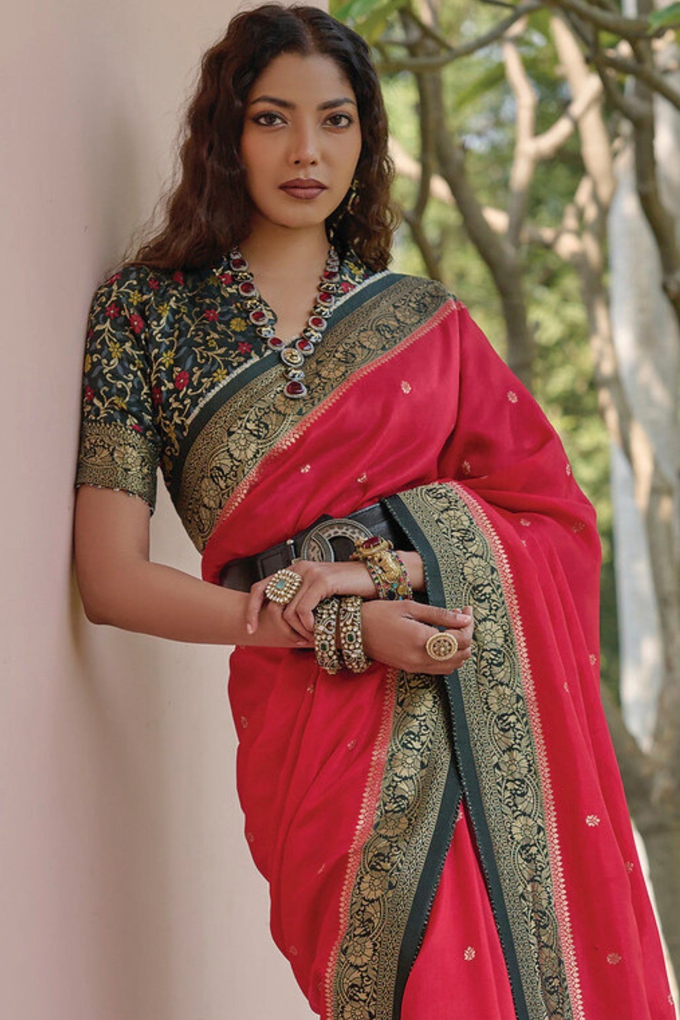 Brick Red and Green Banarasi Handloom Saree