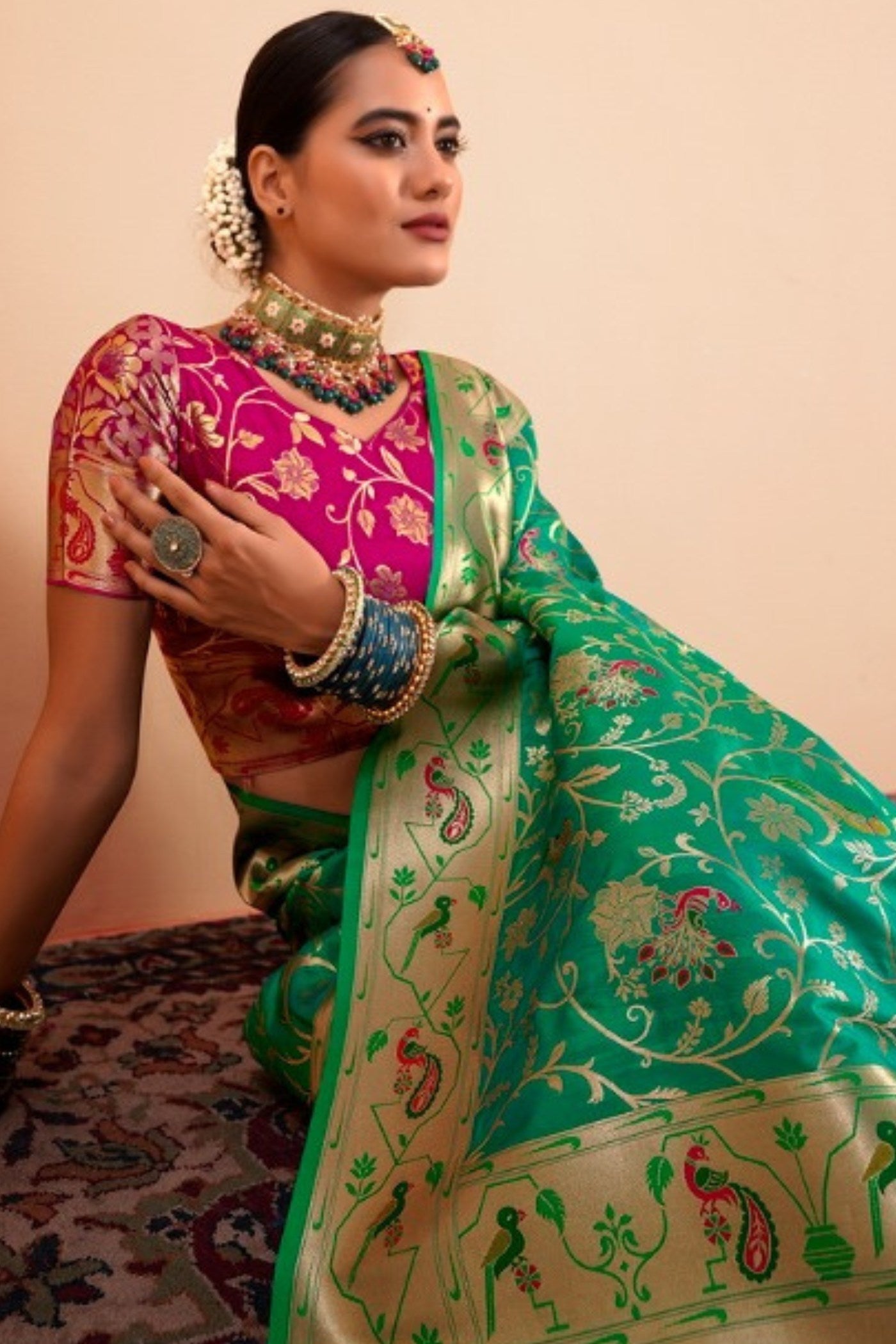 Lincoln Green Woven Paithani Saree