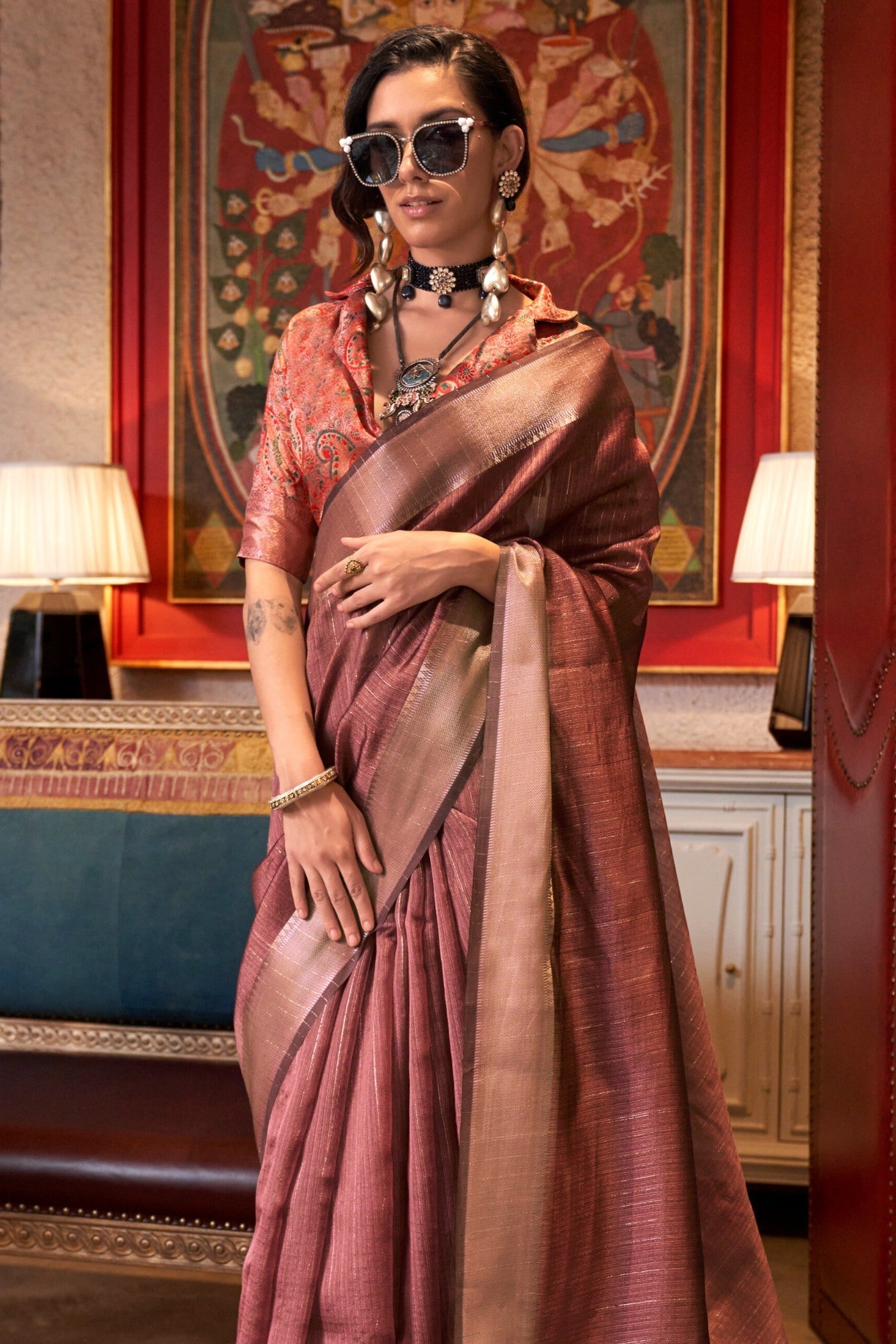 Dark Coco Brown Chiffon Silk Saree