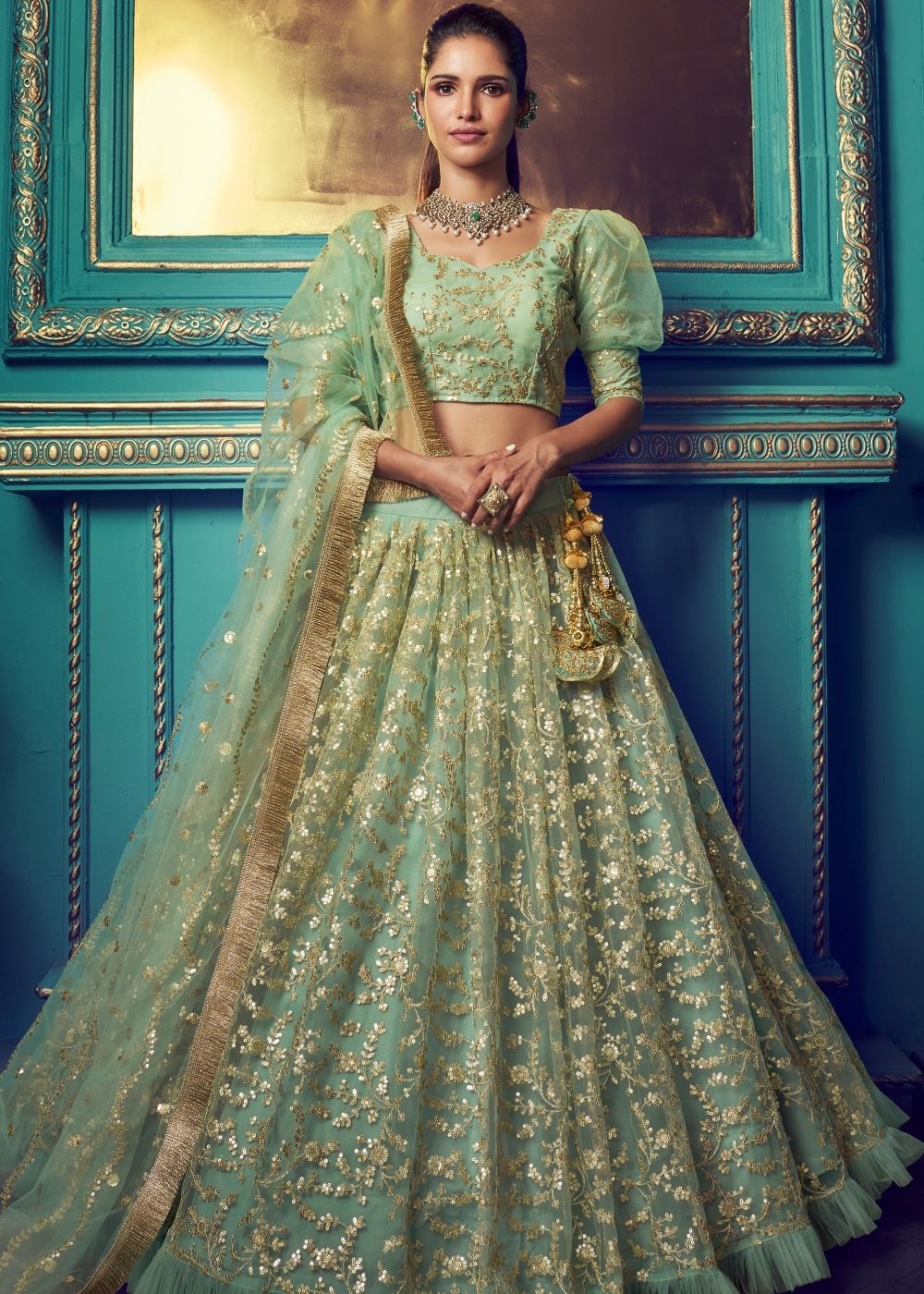 Sage Green Designer Soft Net Lehenga Choli