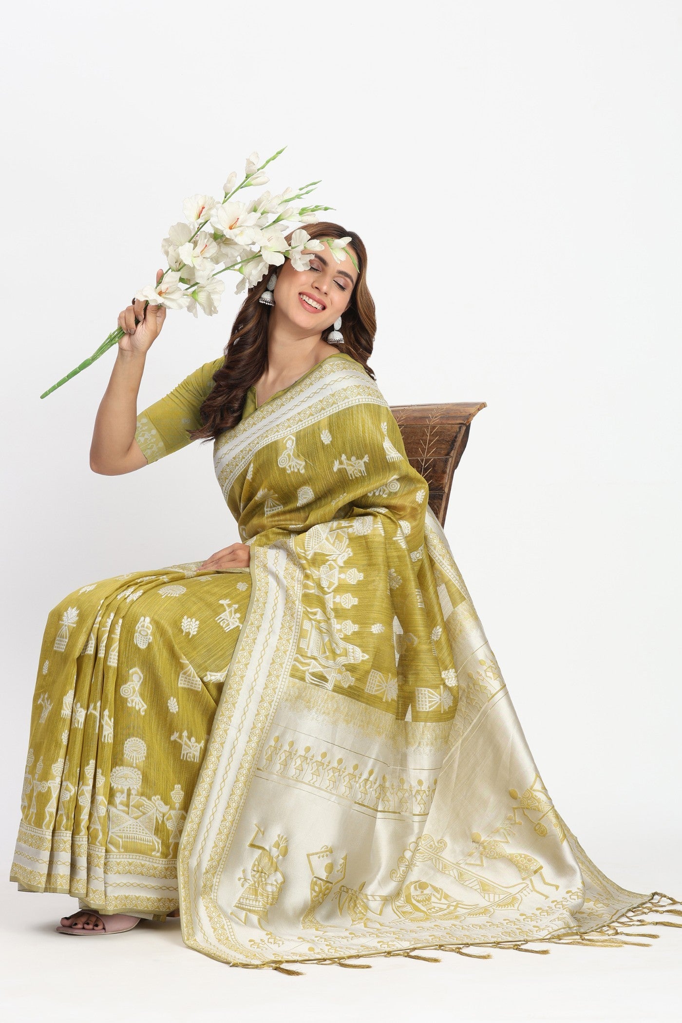 Green Lizard Woven Linen Cotton Saree