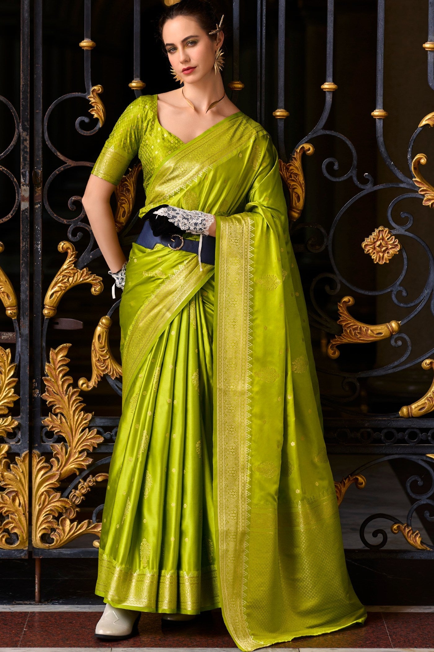 Sahara Green Handloom Satin Silk Saree