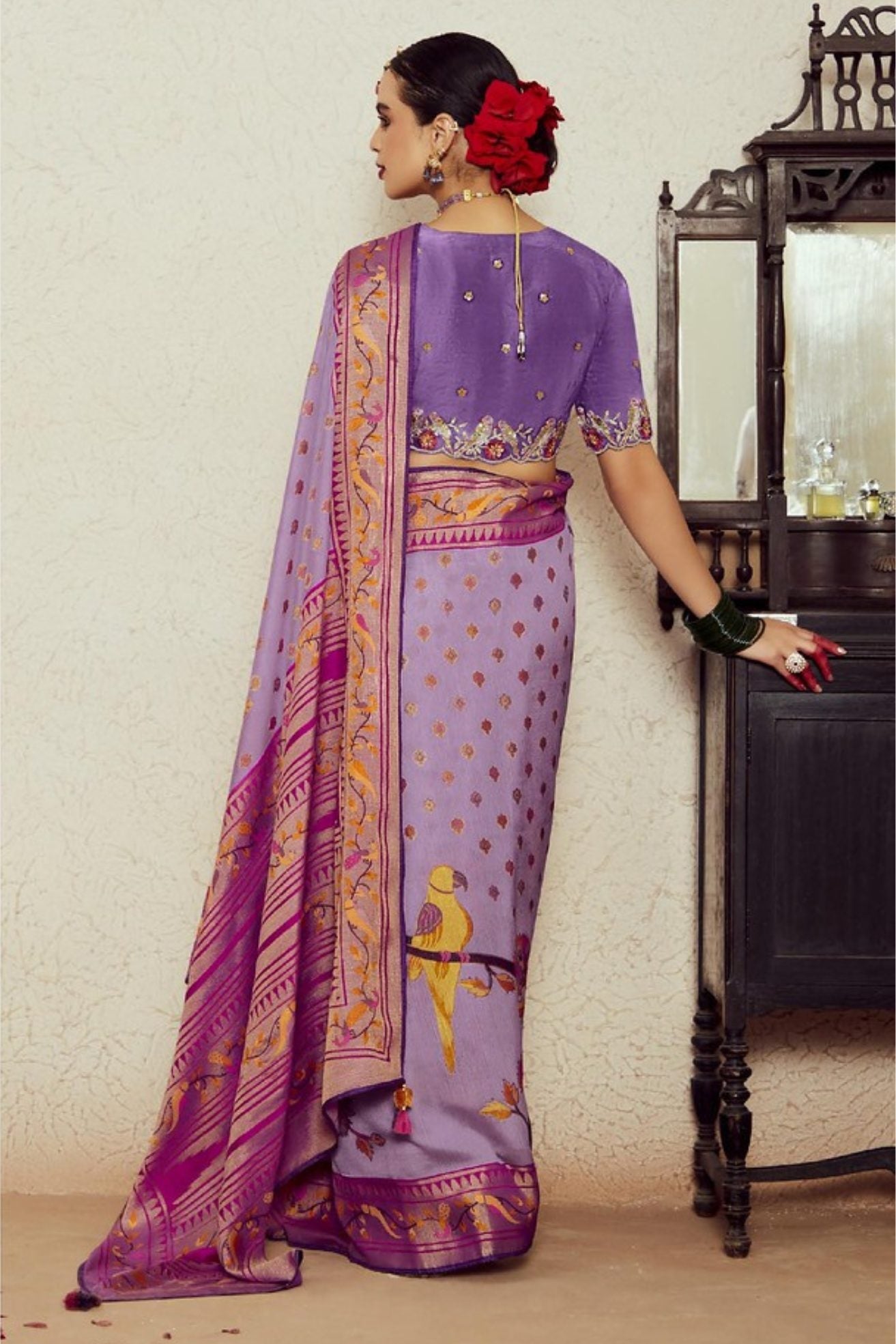 Glossy Grape Lavender Printed Brasso Soft Silk Saree