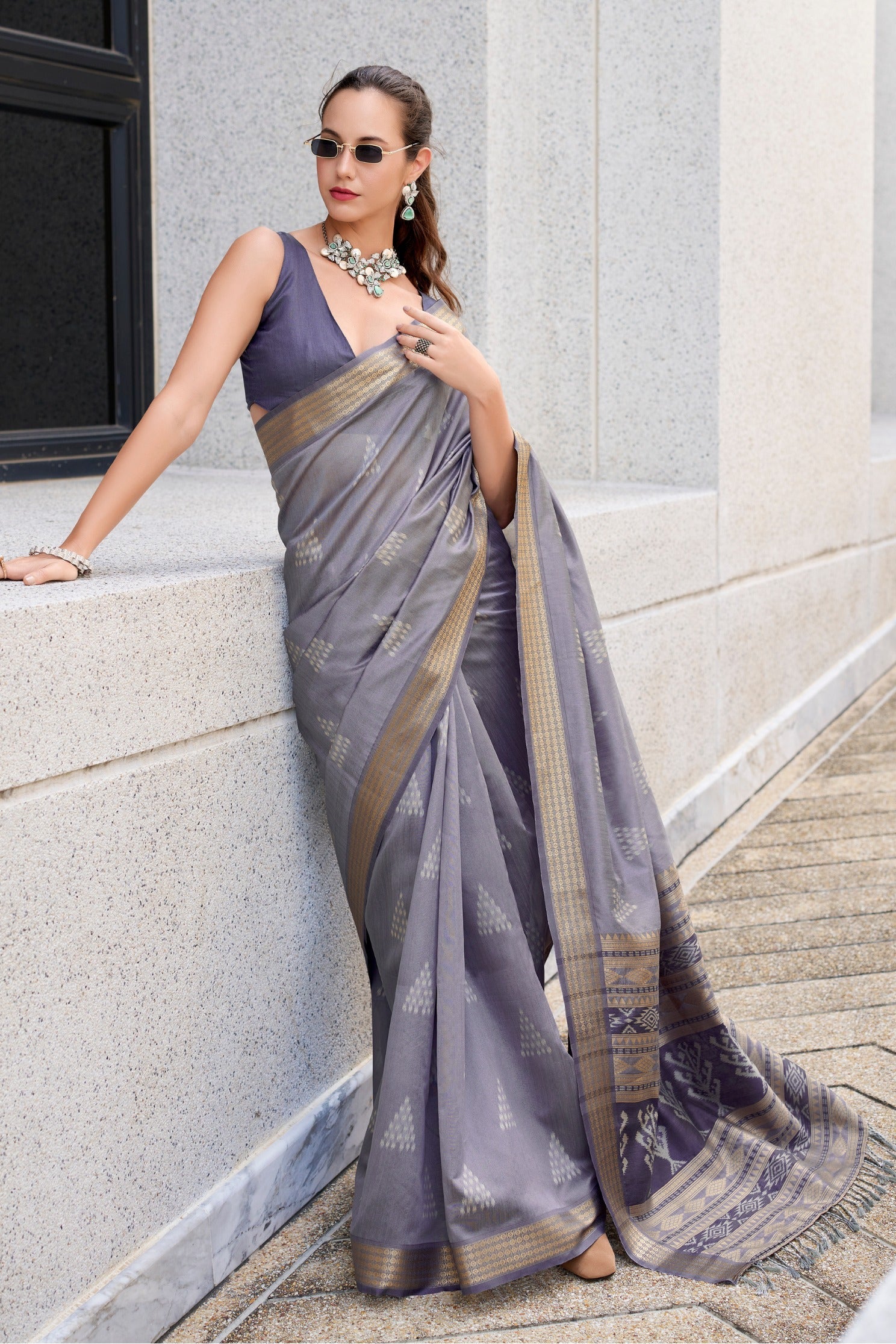 Boulder Grey Ikkat Woven Banarasi Saree